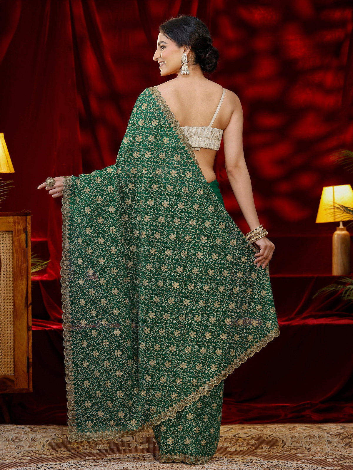 Anouk Green Floral Embroidered Georgette Saree