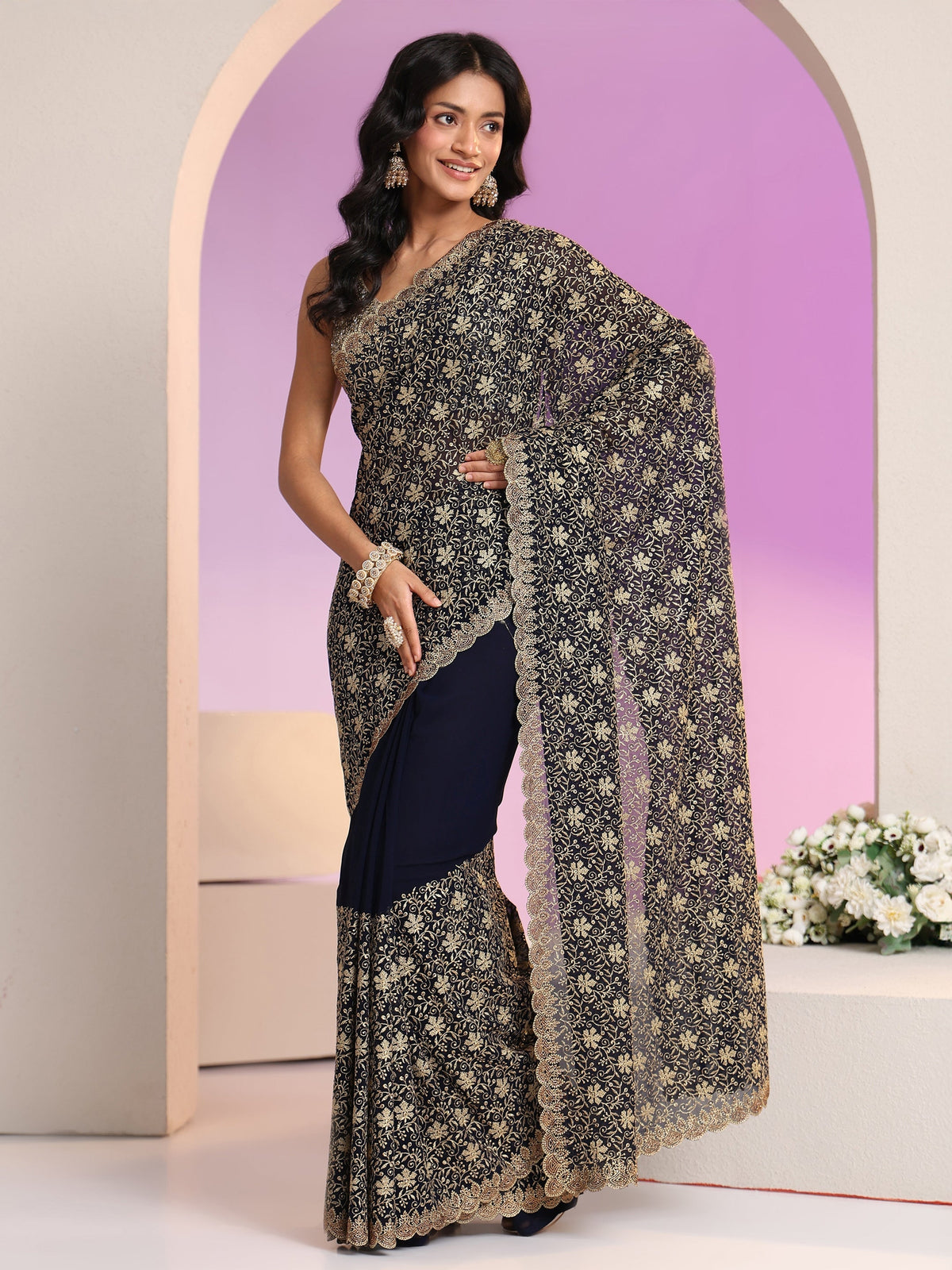 Anouk Navy Blue Floral Embroidered Georgette Saree