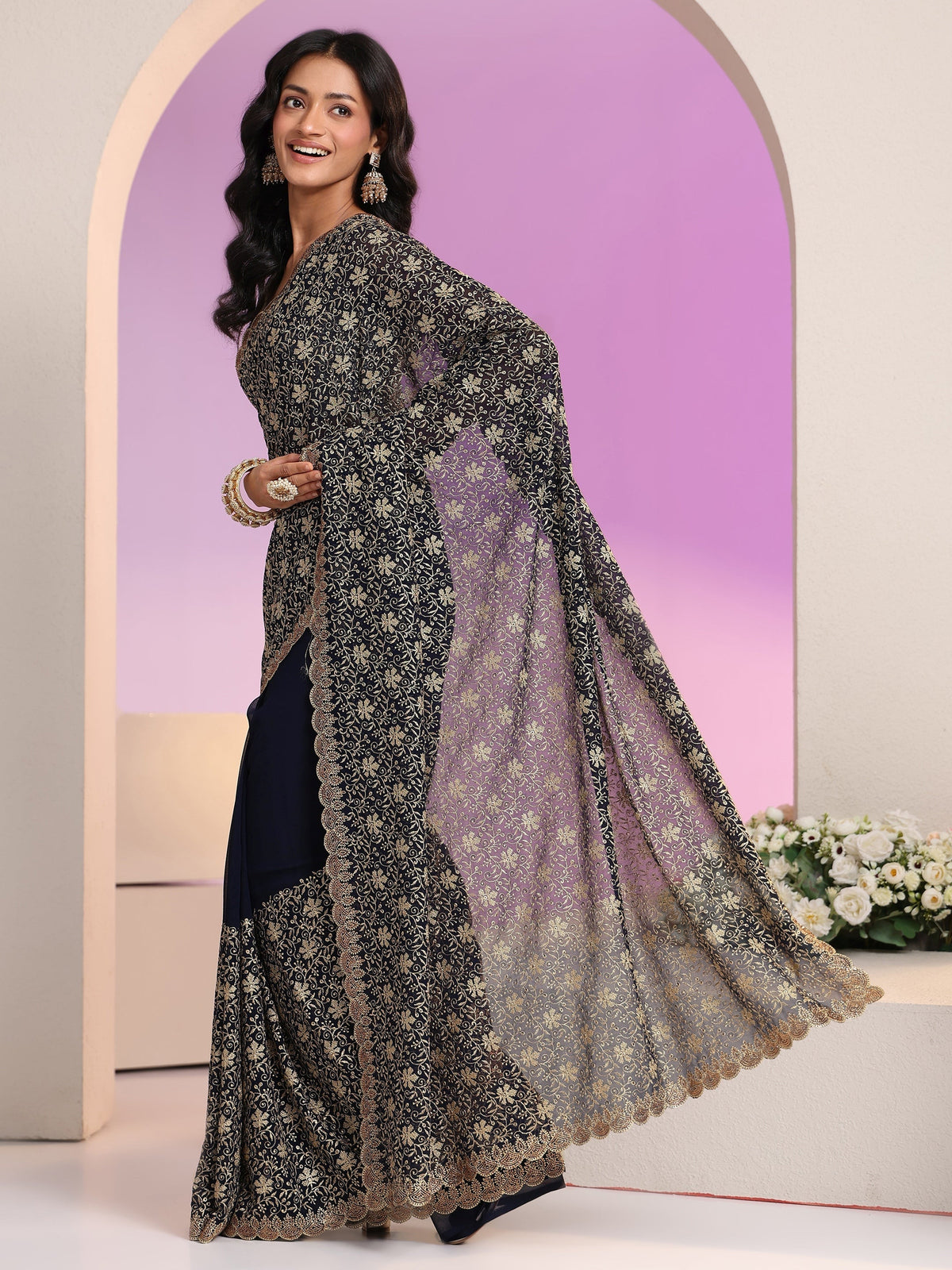 Anouk Navy Blue Floral Embroidered Georgette Saree