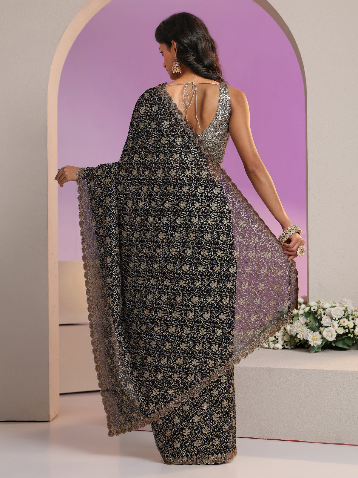 Anouk Navy Blue Floral Embroidered Georgette Saree