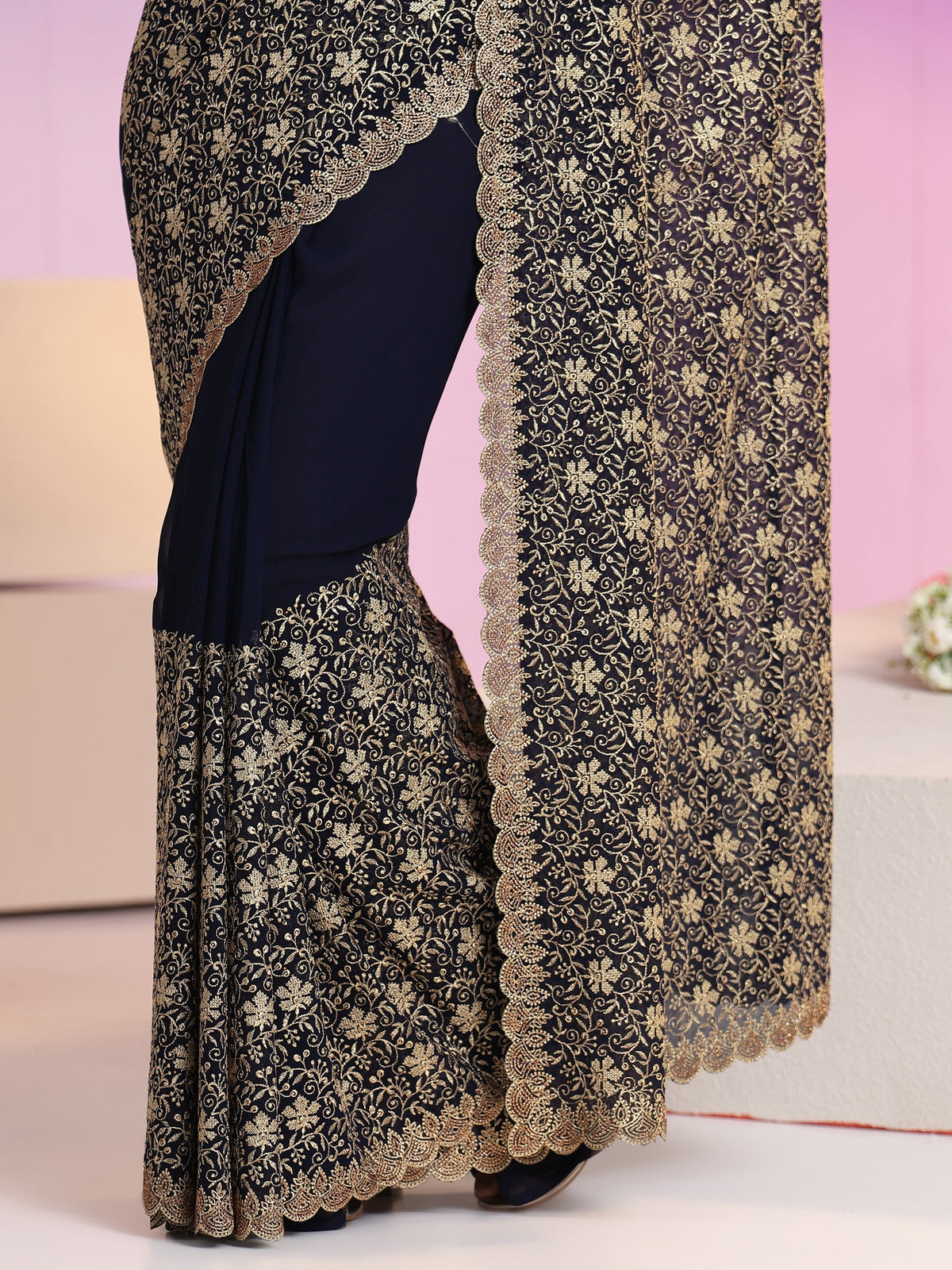 Anouk Navy Blue Floral Embroidered Georgette Saree