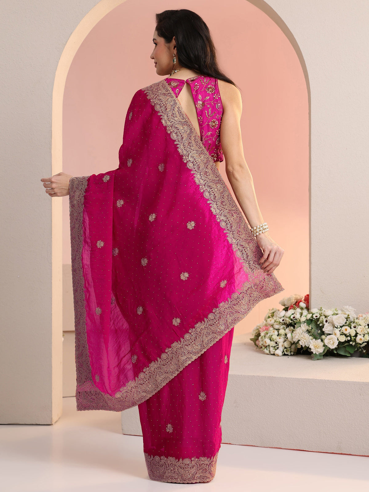 Anouk Rani Pink Embroidered Tissue Saree