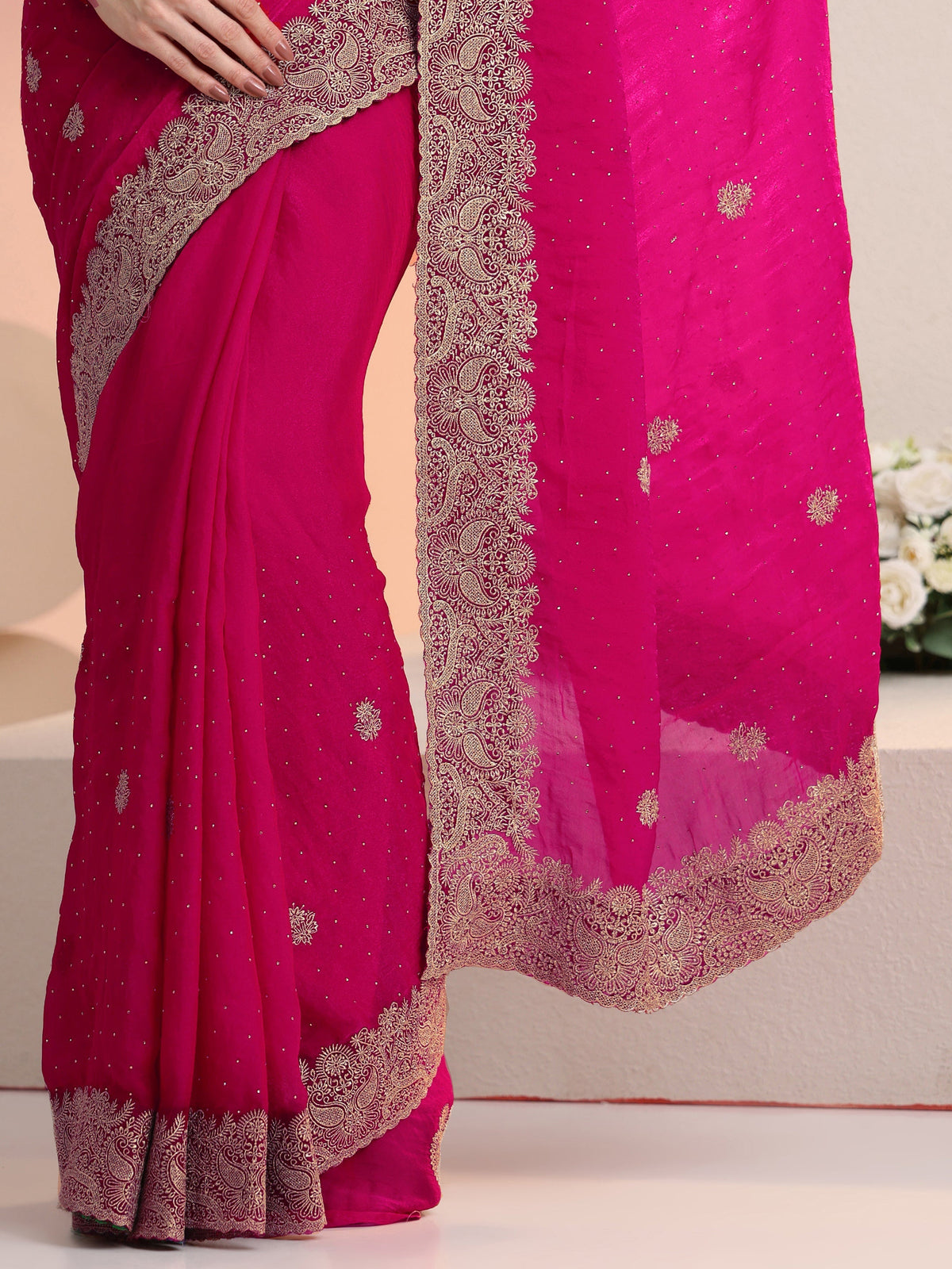Anouk Rani Pink Embroidered Tissue Saree