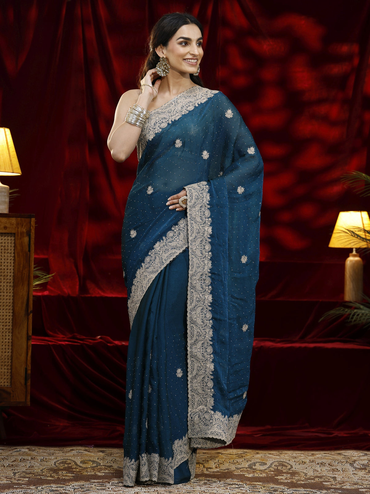 Anouk Blue Floral Embroidered Tissue Saree