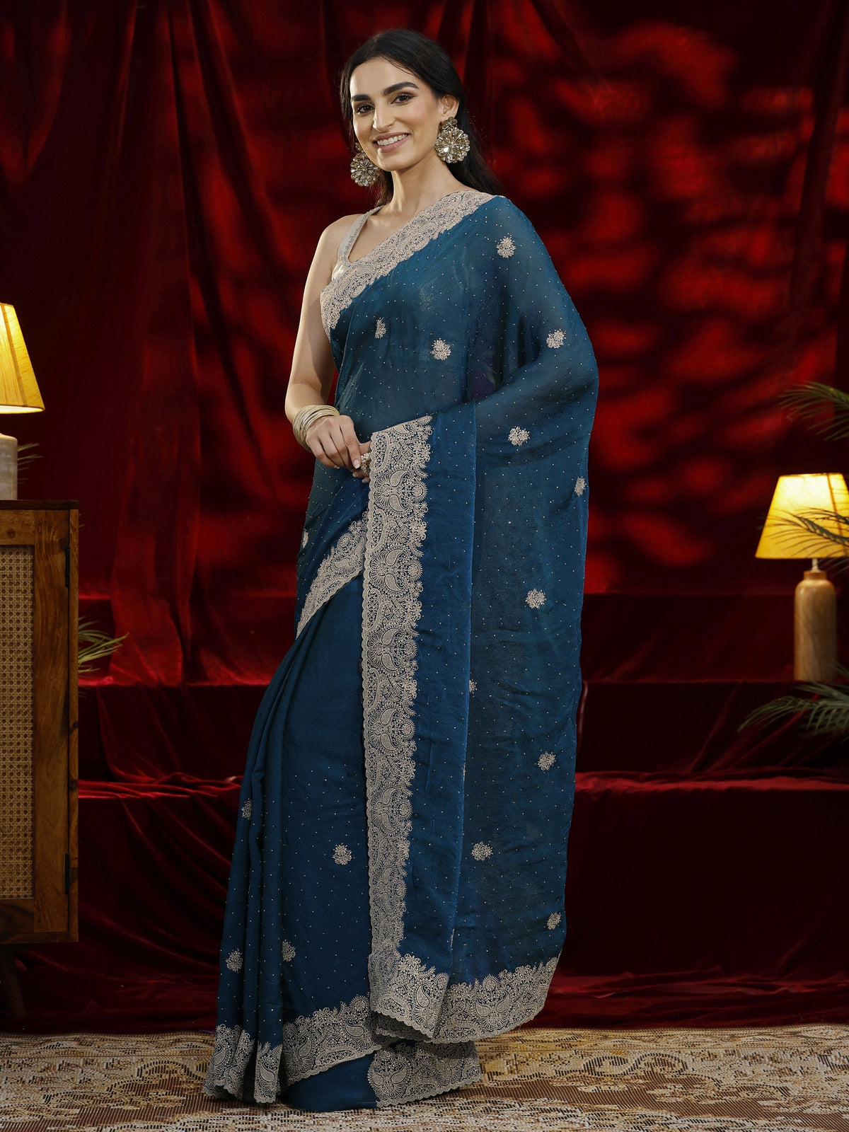 Anouk Blue Floral Embroidered Tissue Saree