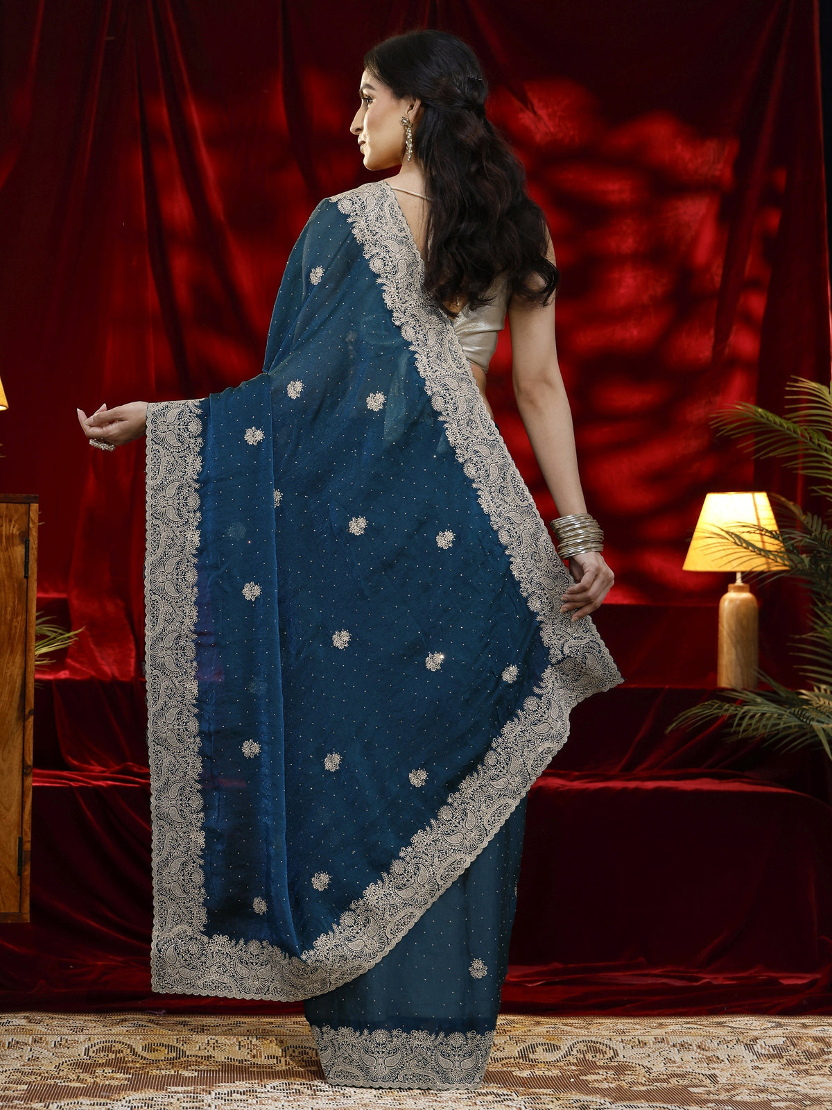 Anouk Blue Floral Embroidered Tissue Saree