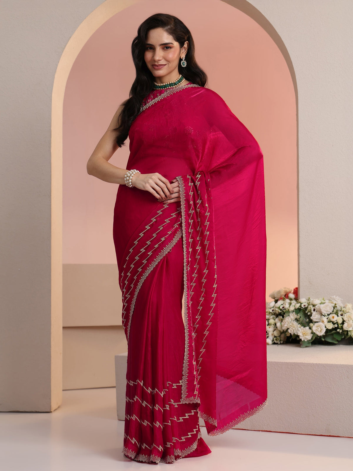 Anouk Rani Pink Chevron Tissue Saree