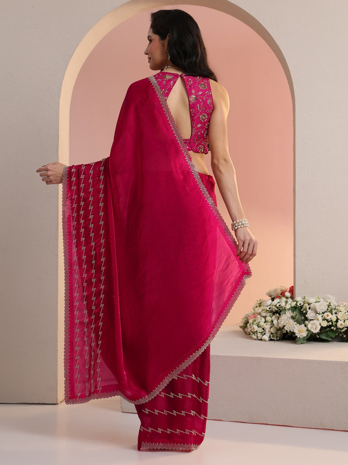 Anouk Rani Pink Chevron Tissue Saree