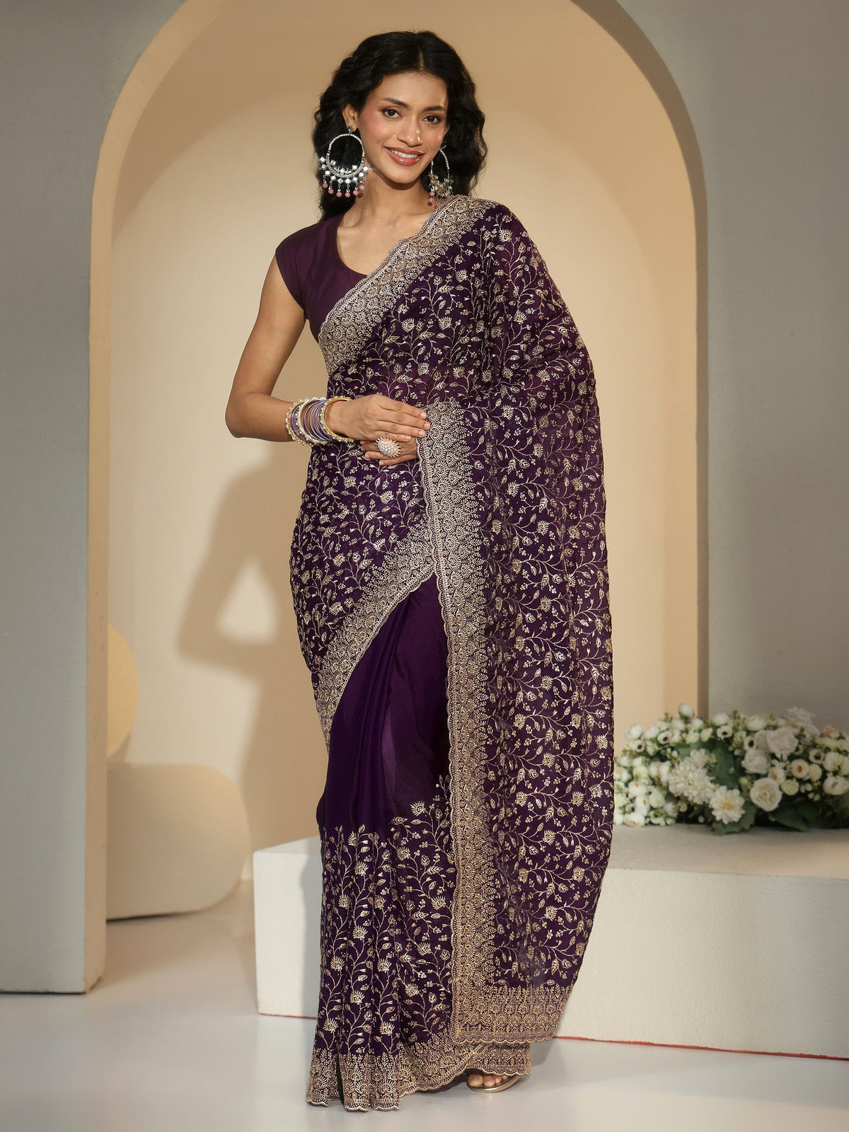 Anouk Aubergine Purple Floral Embroidered Georgette Saree