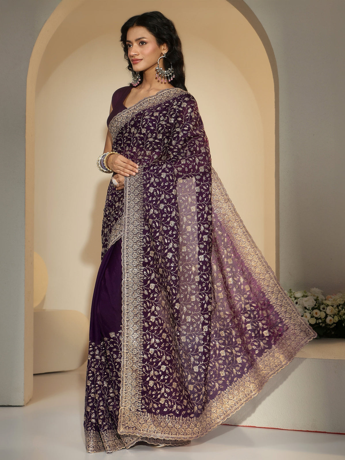 Anouk Aubergine Purple Floral Embroidered Georgette Saree