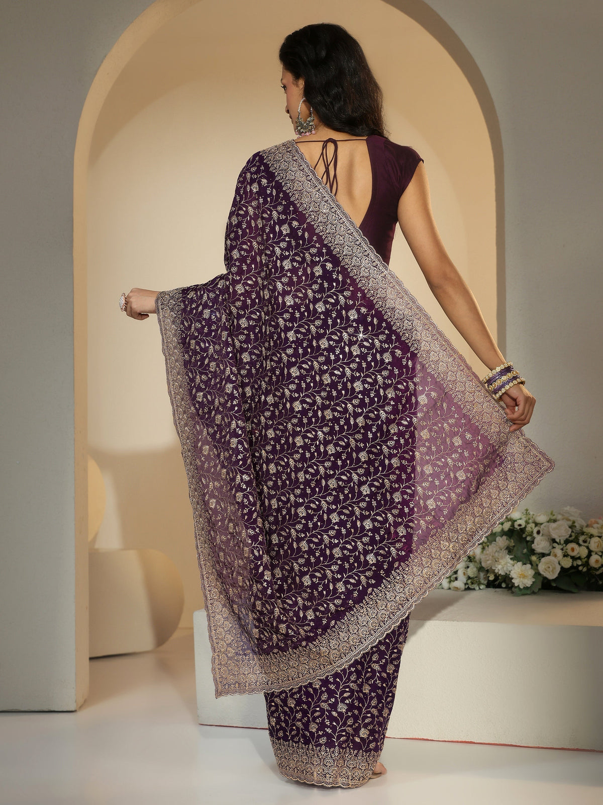 Anouk Aubergine Purple Floral Embroidered Georgette Saree