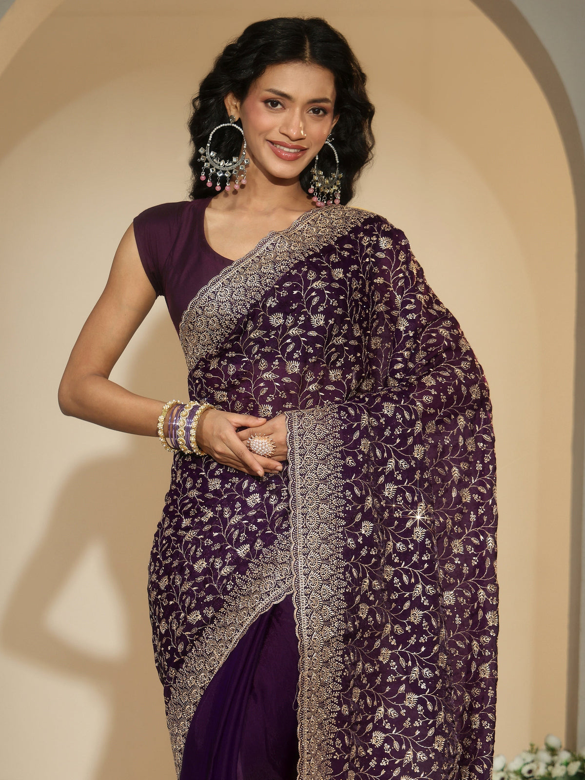 Anouk Aubergine Purple Floral Embroidered Georgette Saree