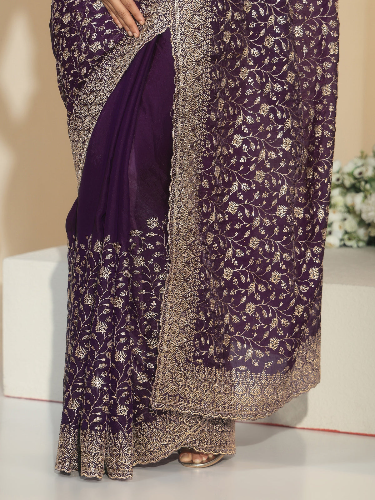 Anouk Aubergine Purple Floral Embroidered Georgette Saree