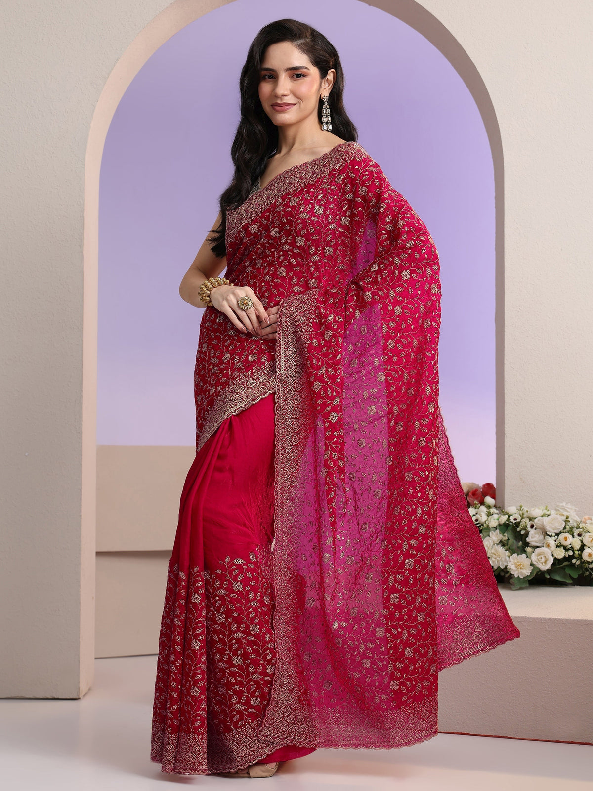 Anouk Rani Pink Floral Embroidered Georgette Saree