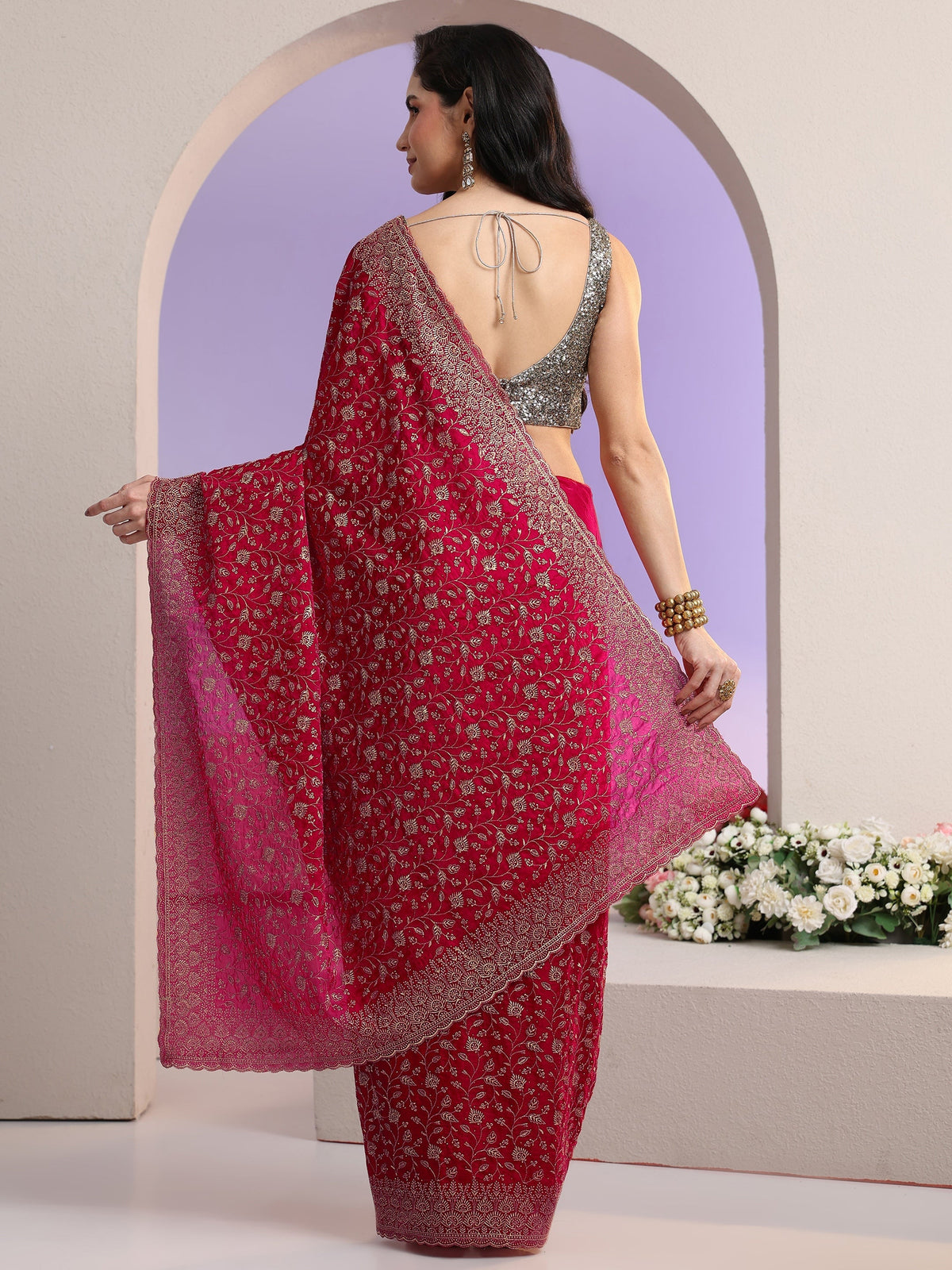 Anouk Rani Pink Floral Embroidered Georgette Saree