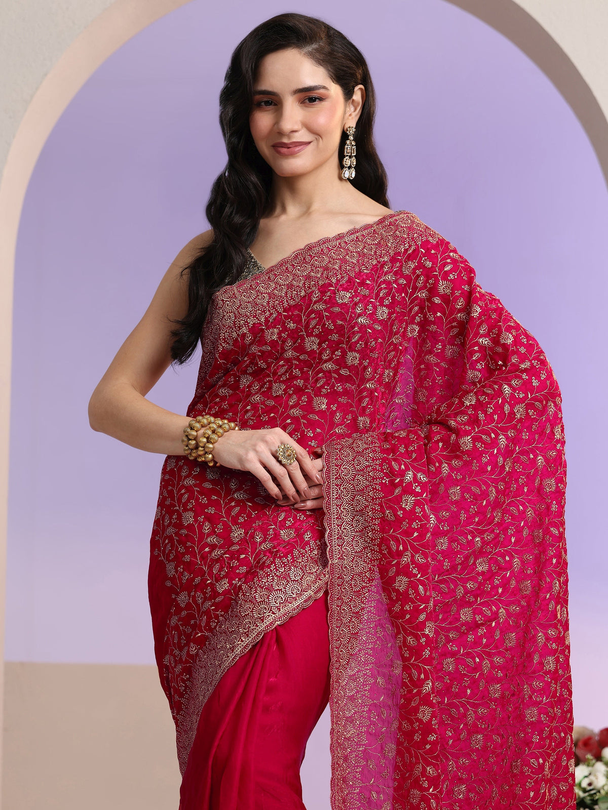 Anouk Rani Pink Floral Embroidered Georgette Saree