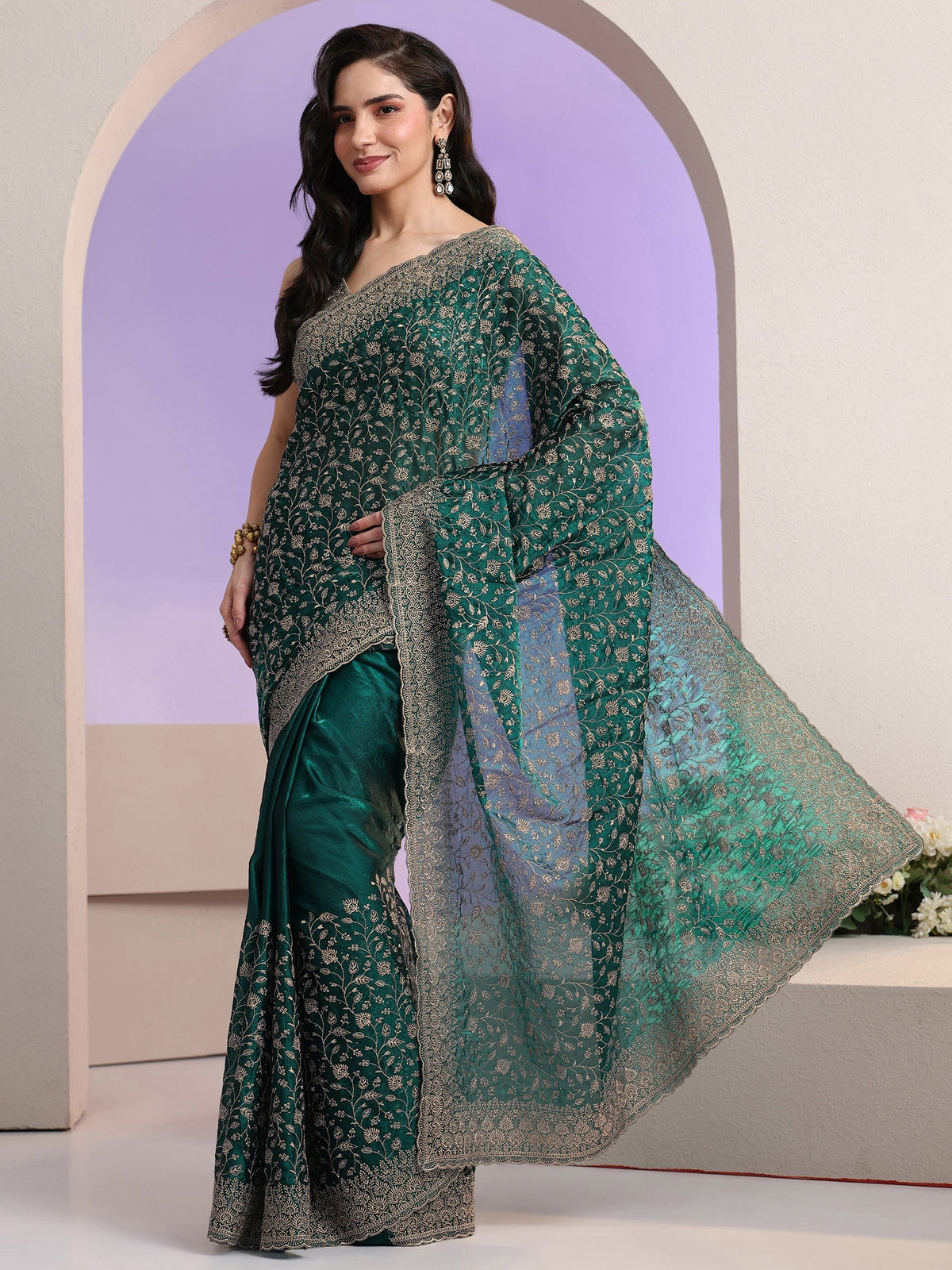 Anouk Bottle Green Floral Embroidered Georgette Saree
