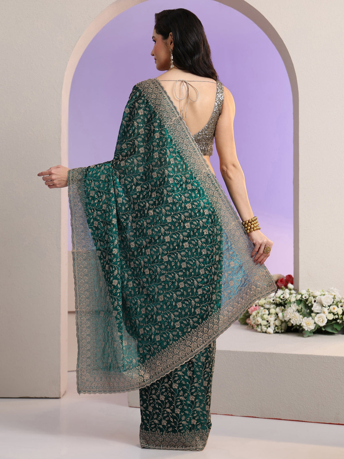 Anouk Bottle Green Floral Embroidered Georgette Saree