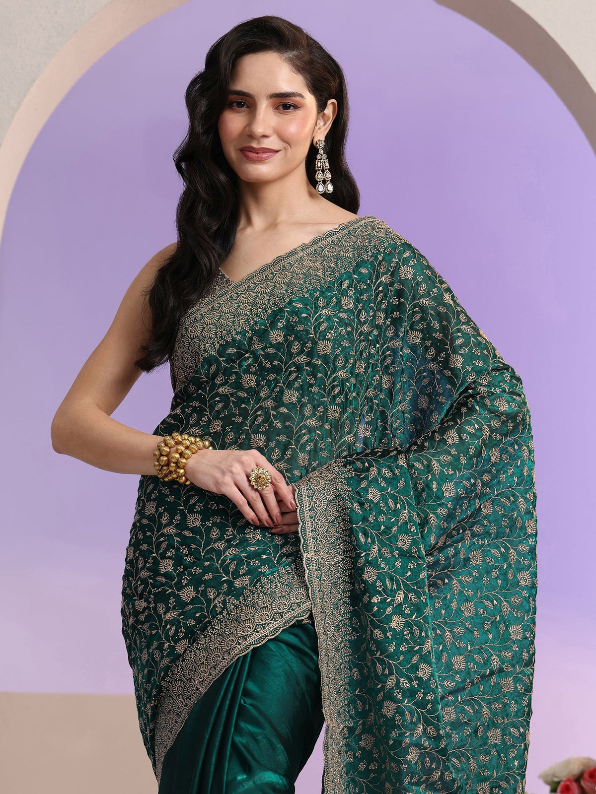 Anouk Bottle Green Floral Embroidered Georgette Saree