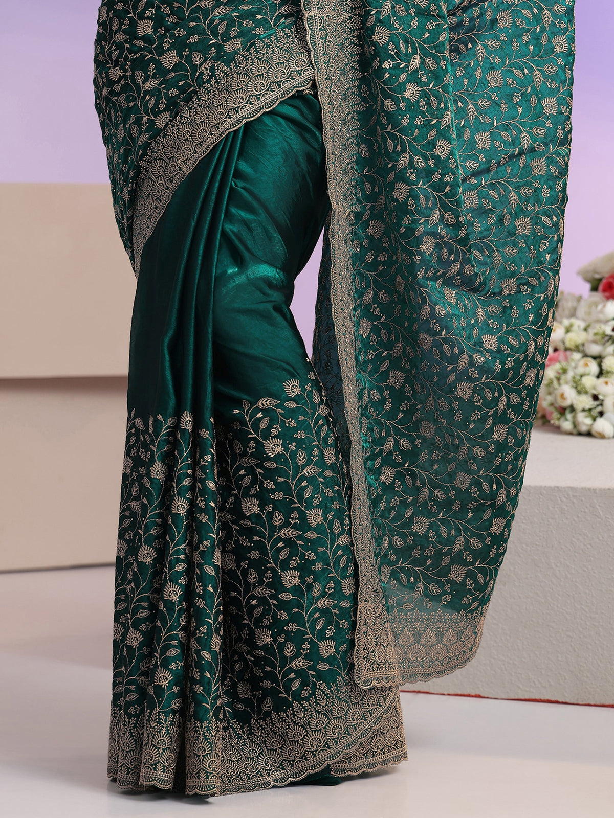 Anouk Bottle Green Floral Embroidered Georgette Saree