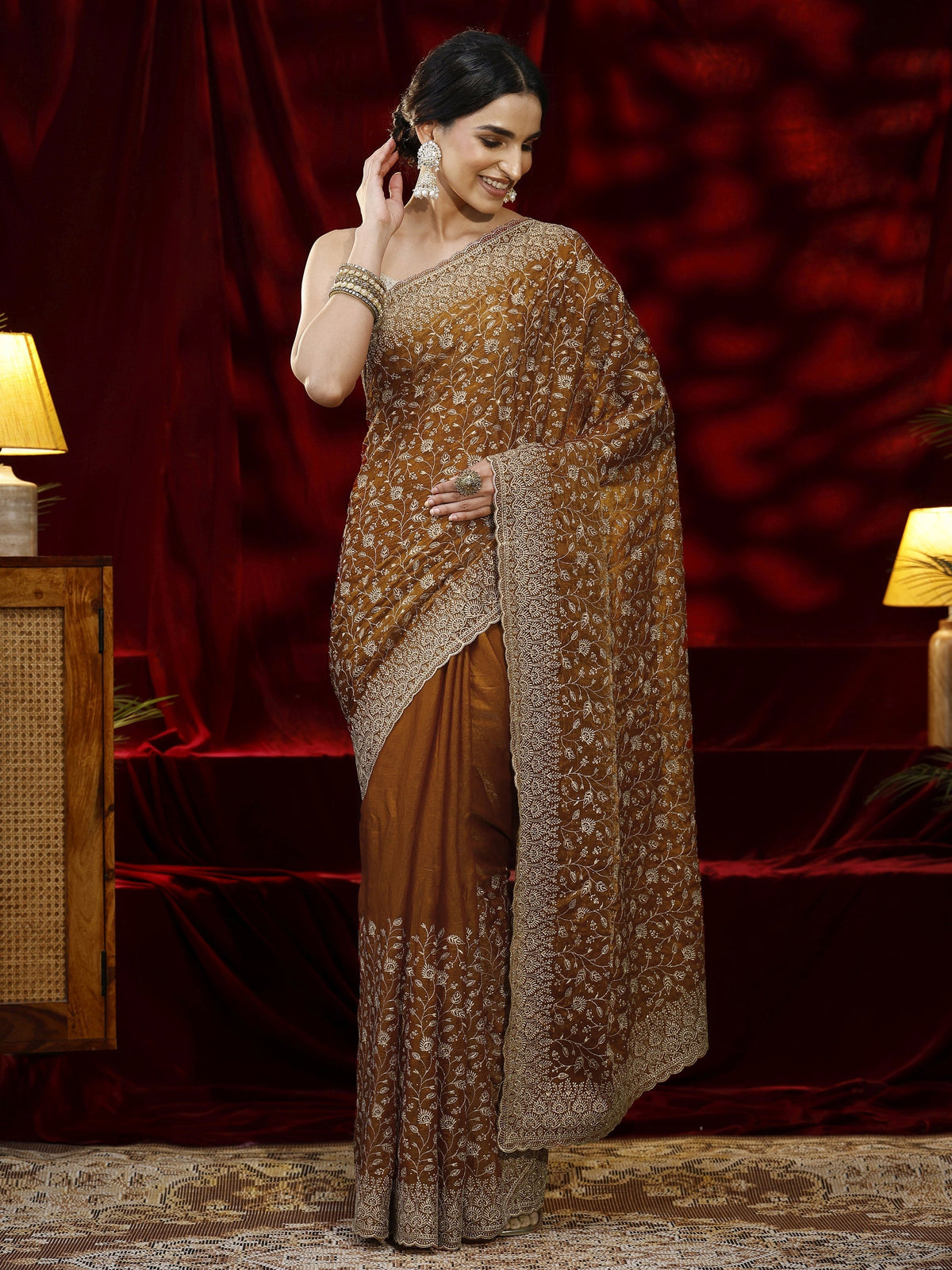 Anouk Orange Floral Embroidered Georgette Saree