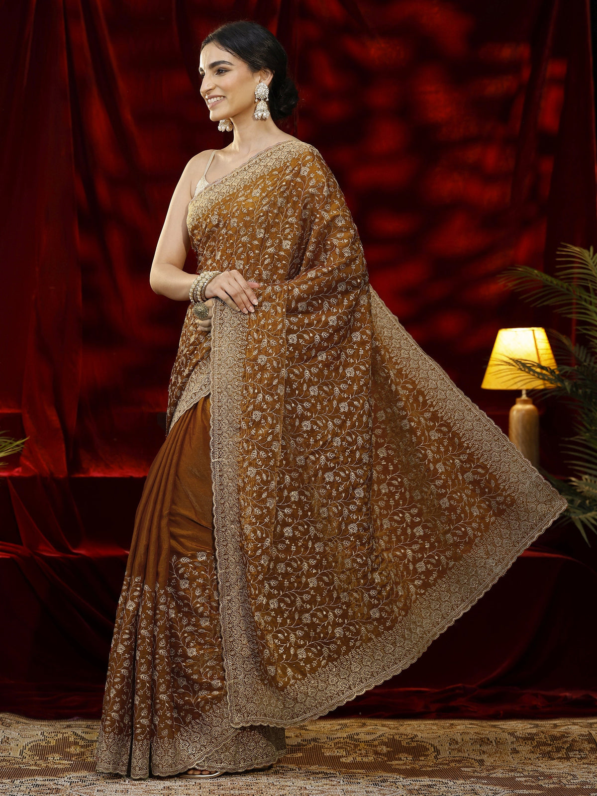 Anouk Orange Floral Embroidered Georgette Saree