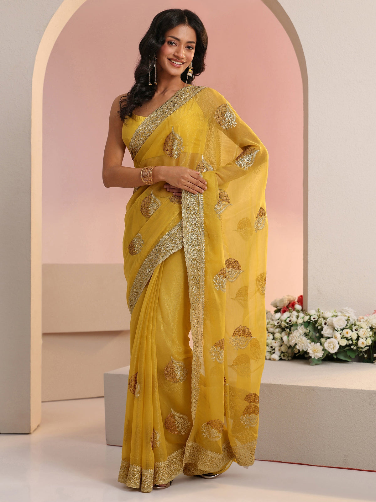 Anouk Yellow Embroidered Chiffon Saree