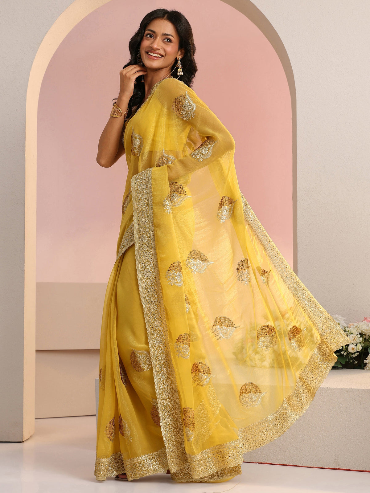 Anouk Yellow Embroidered Chiffon Saree