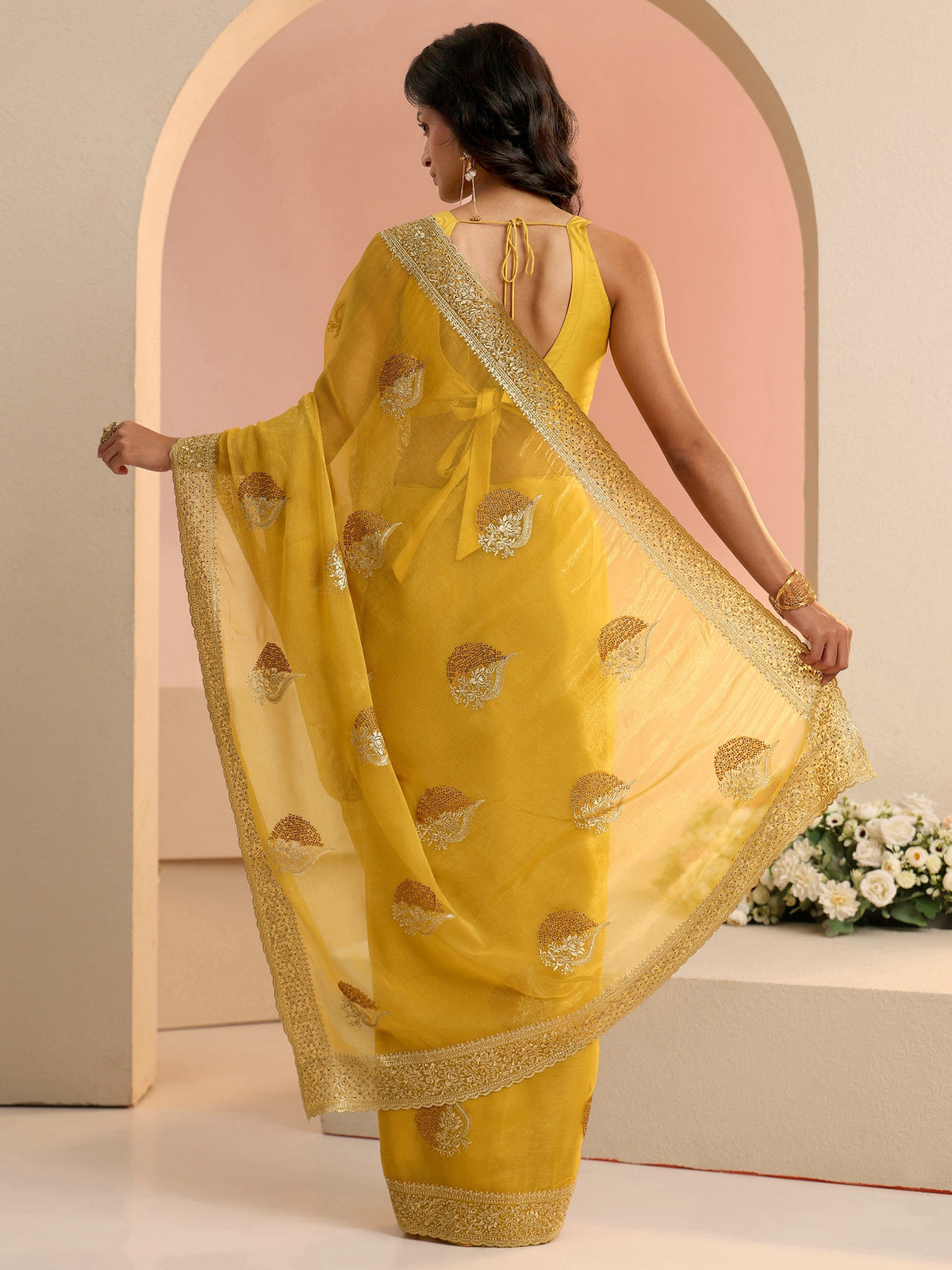 Anouk Yellow Embroidered Chiffon Saree