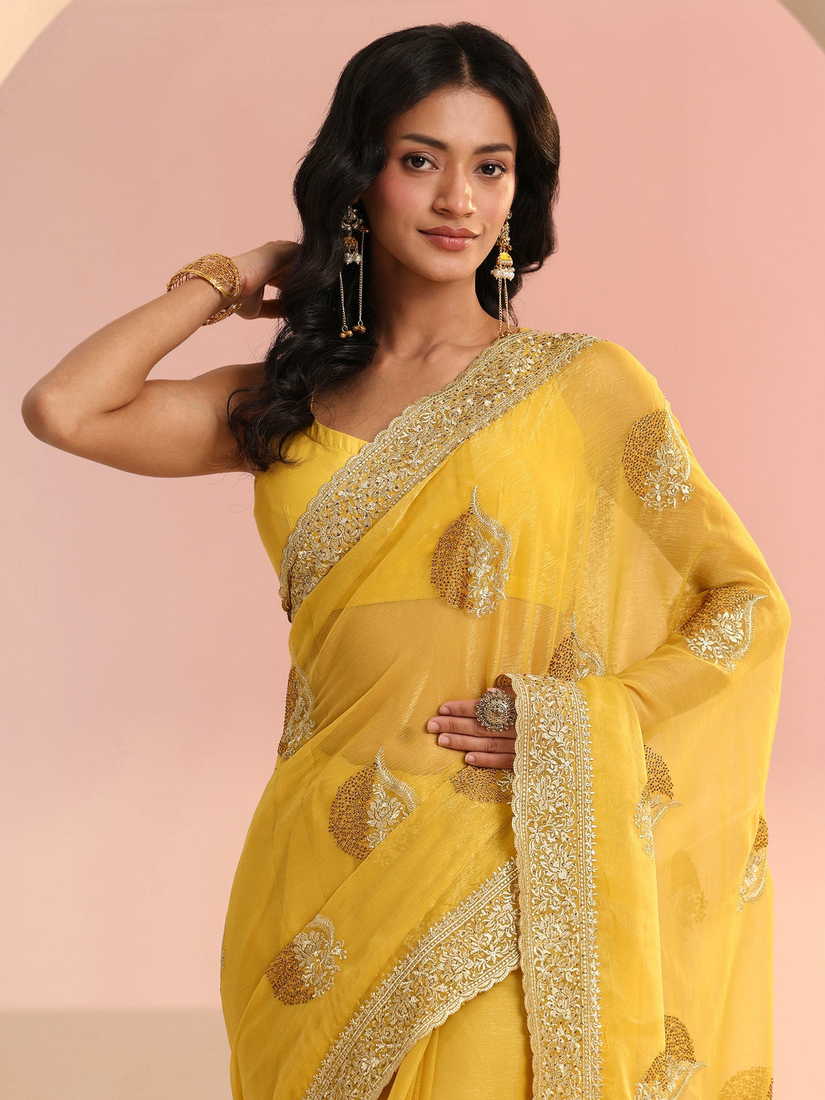 Anouk Yellow Embroidered Chiffon Saree