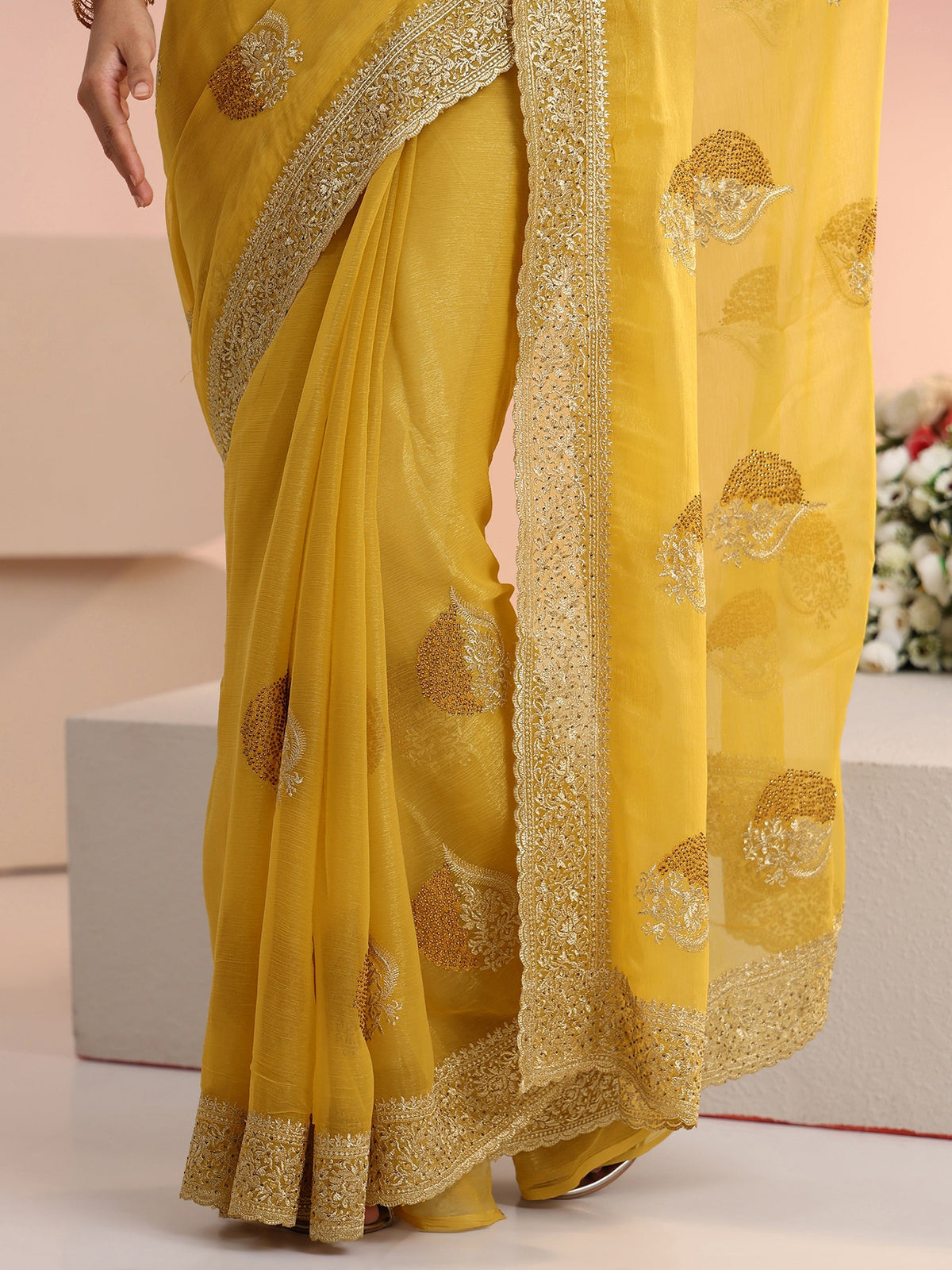 Anouk Yellow Embroidered Chiffon Saree