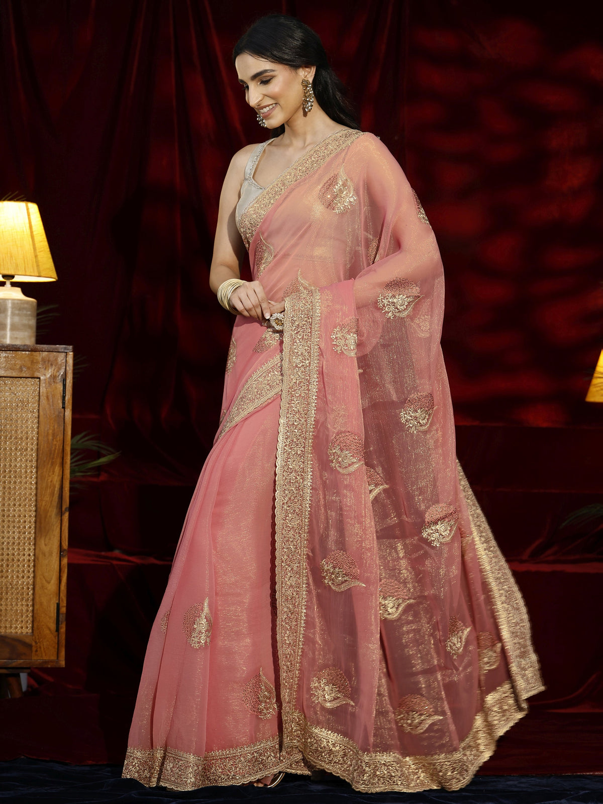 Anouk Pink Floral Embroidered Chiffon Saree