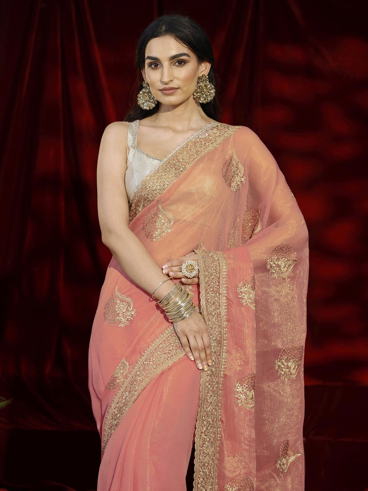 Anouk Pink Floral Embroidered Chiffon Saree