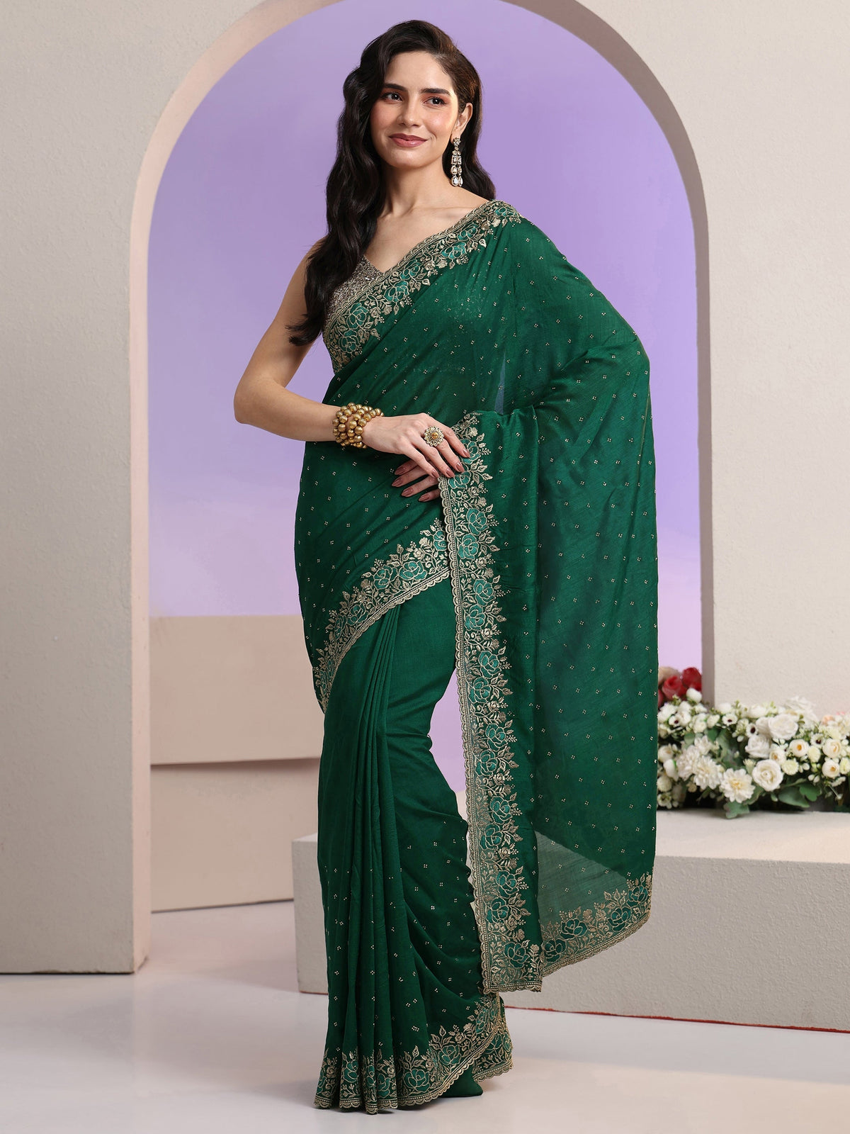 Anouk Bottle Green Stone Work Embelllished Silk Blend Saree