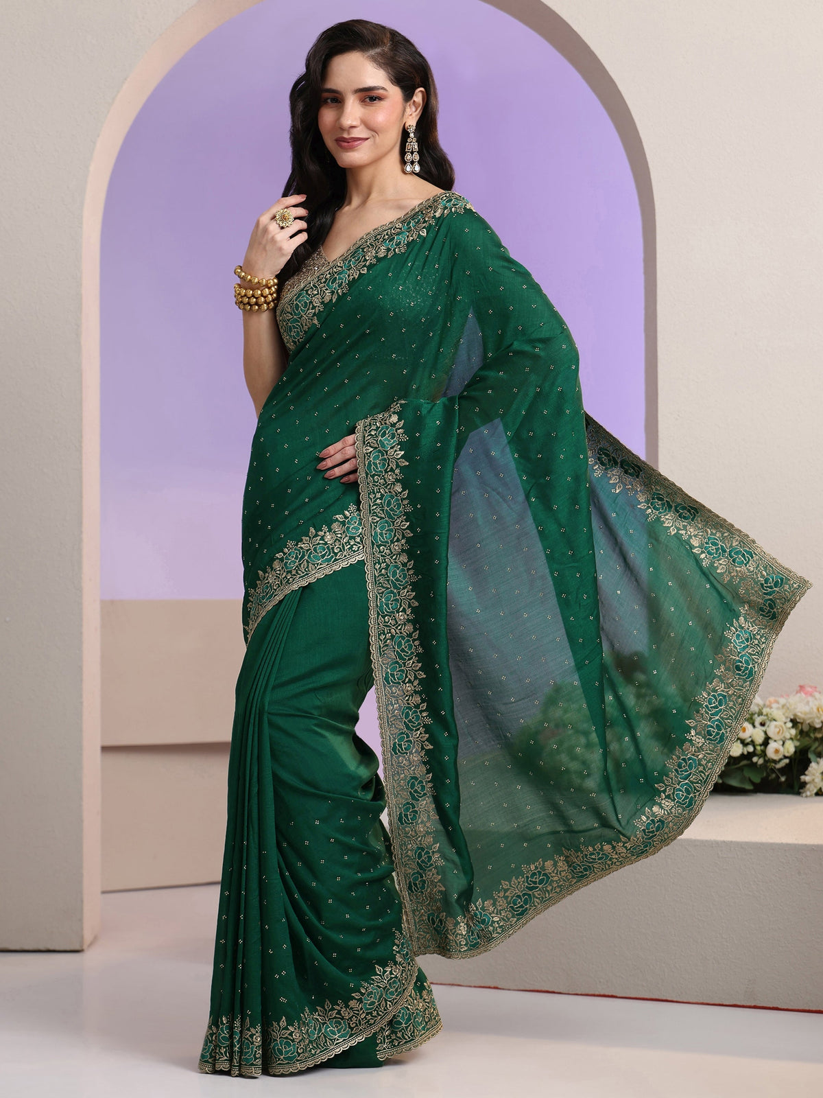 Anouk Bottle Green Stone Work Embelllished Silk Blend Saree