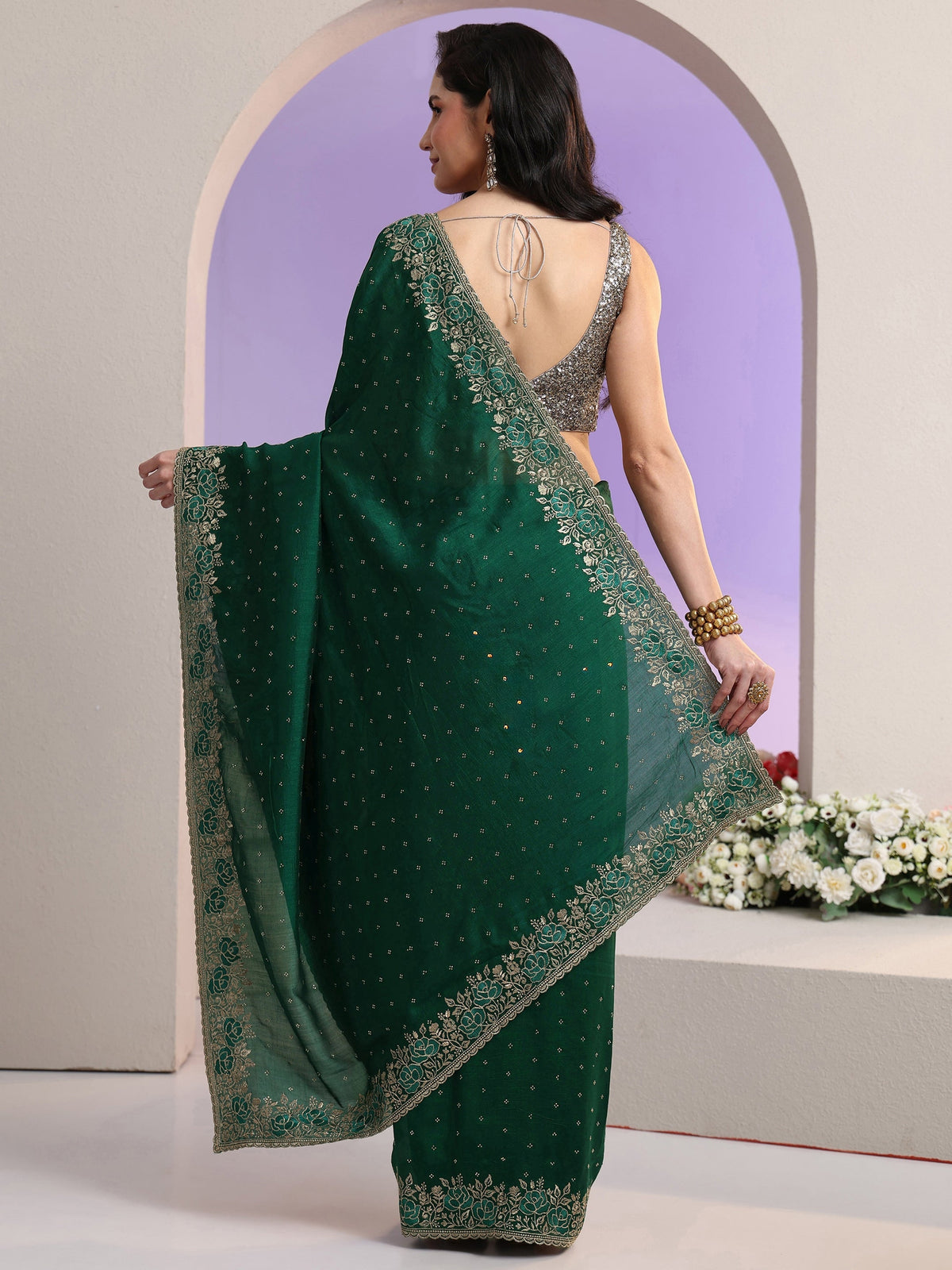 Anouk Bottle Green Stone Work Embelllished Silk Blend Saree