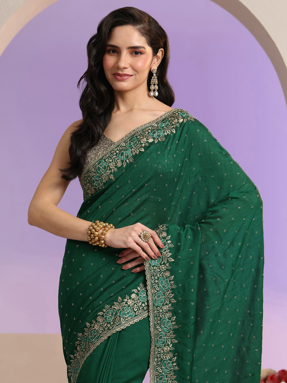 Anouk Bottle Green Stone Work Embelllished Silk Blend Saree