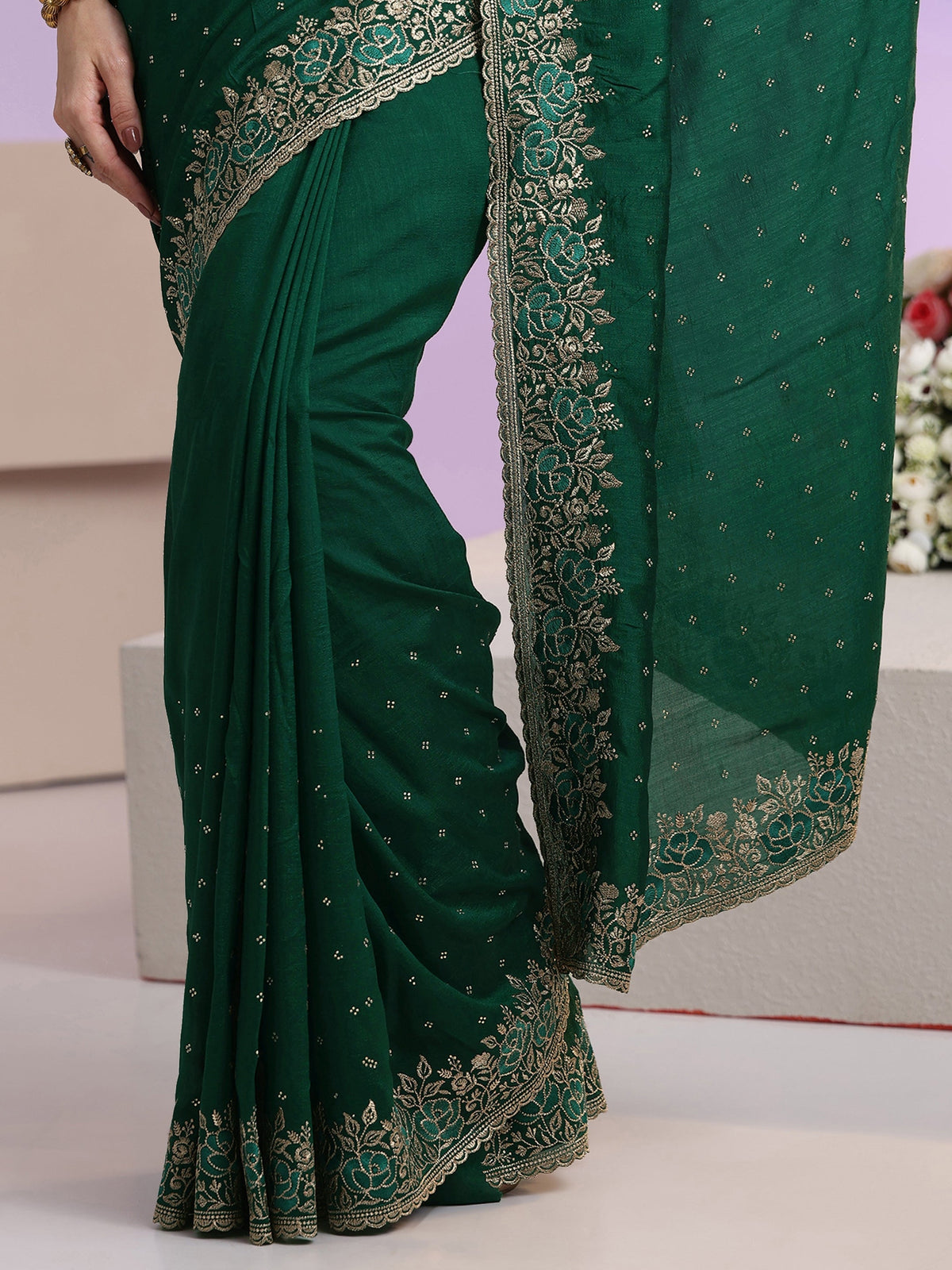 Anouk Bottle Green Stone Work Embelllished Silk Blend Saree