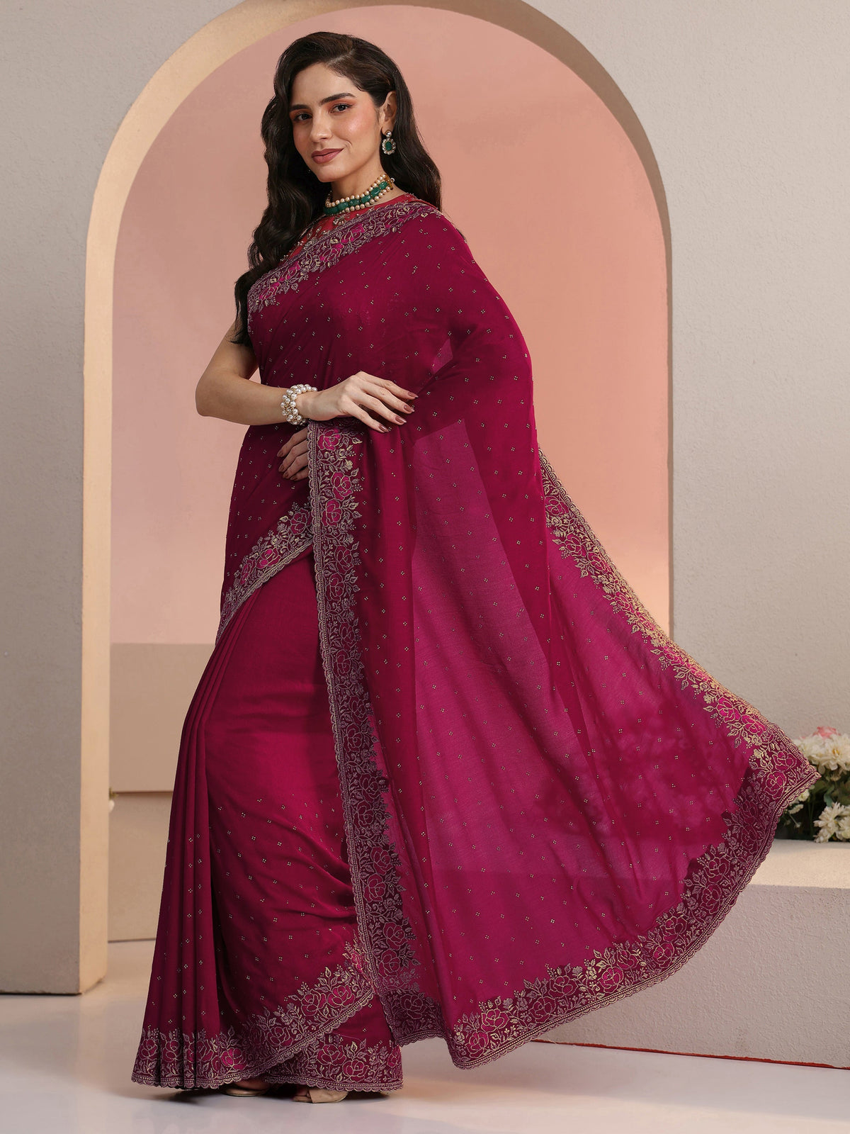 Anouk Rani Pink Stone Work Embelllished Silk Blend Saree