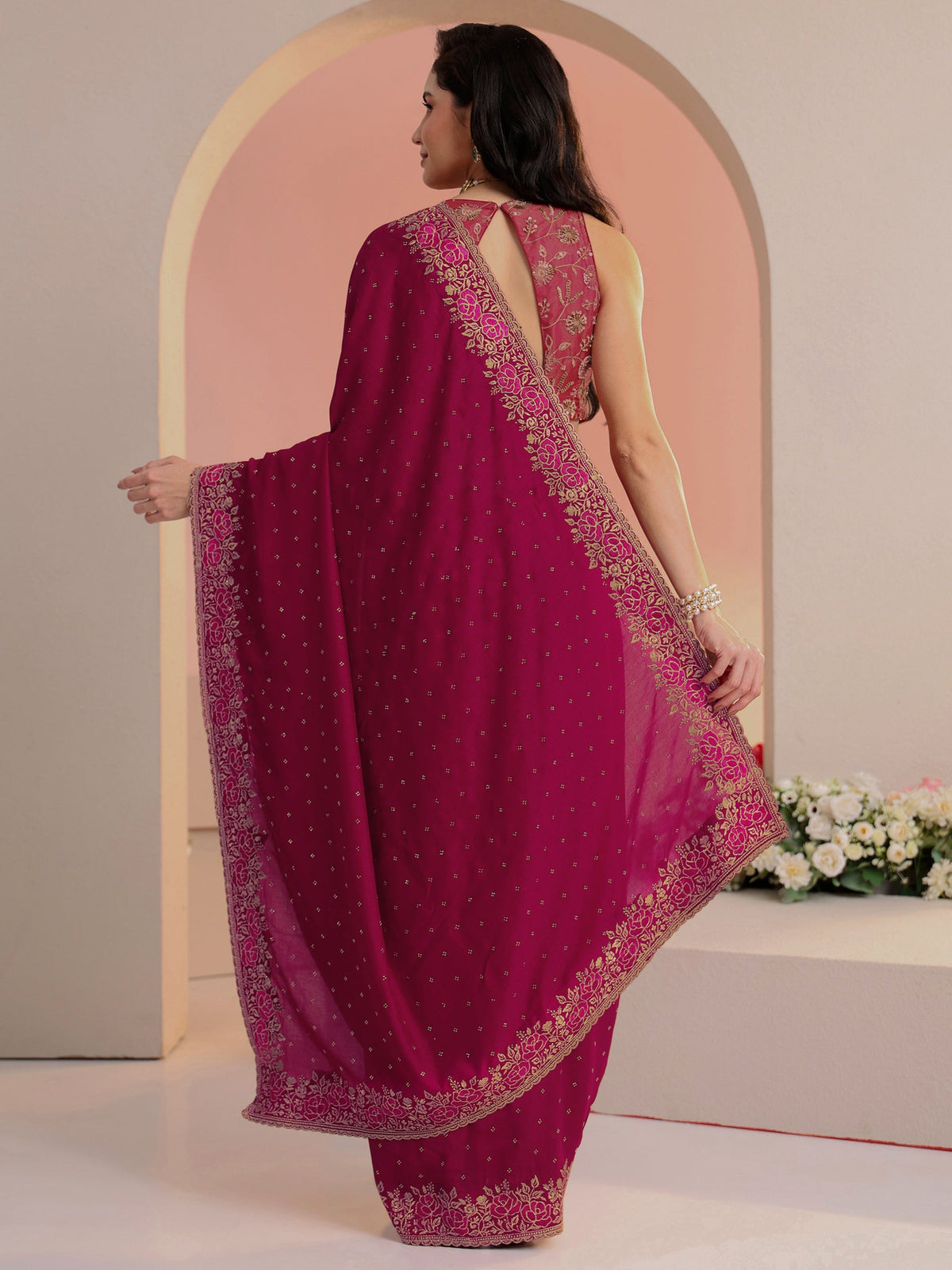 Anouk Rani Pink Stone Work Embelllished Silk Blend Saree