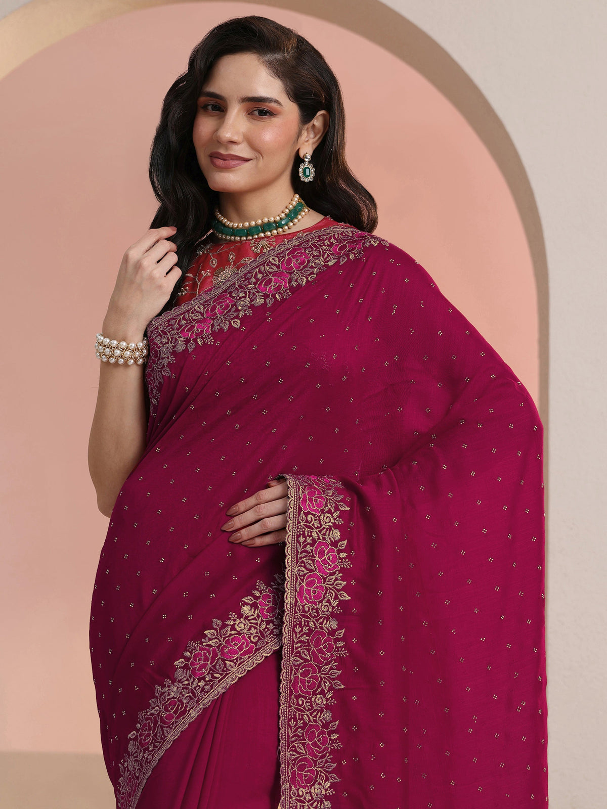 Anouk Rani Pink Stone Work Embelllished Silk Blend Saree