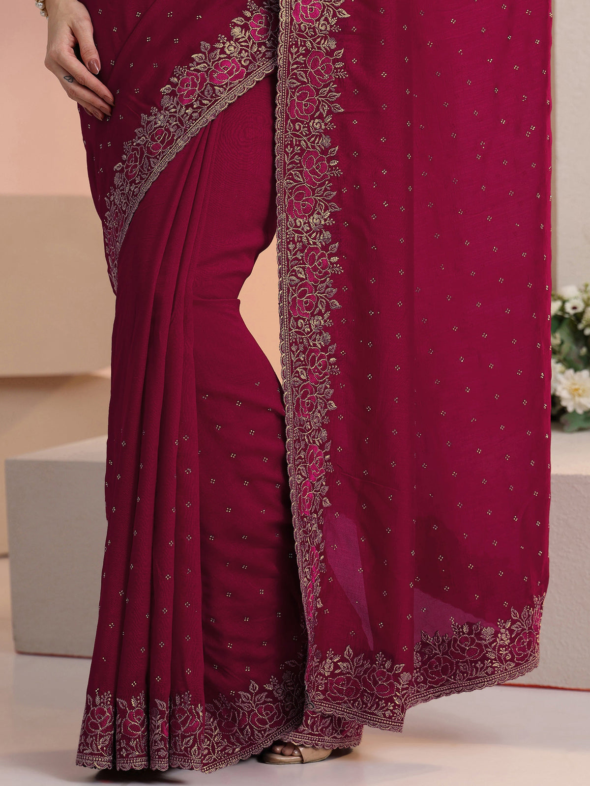 Anouk Rani Pink Stone Work Embelllished Silk Blend Saree