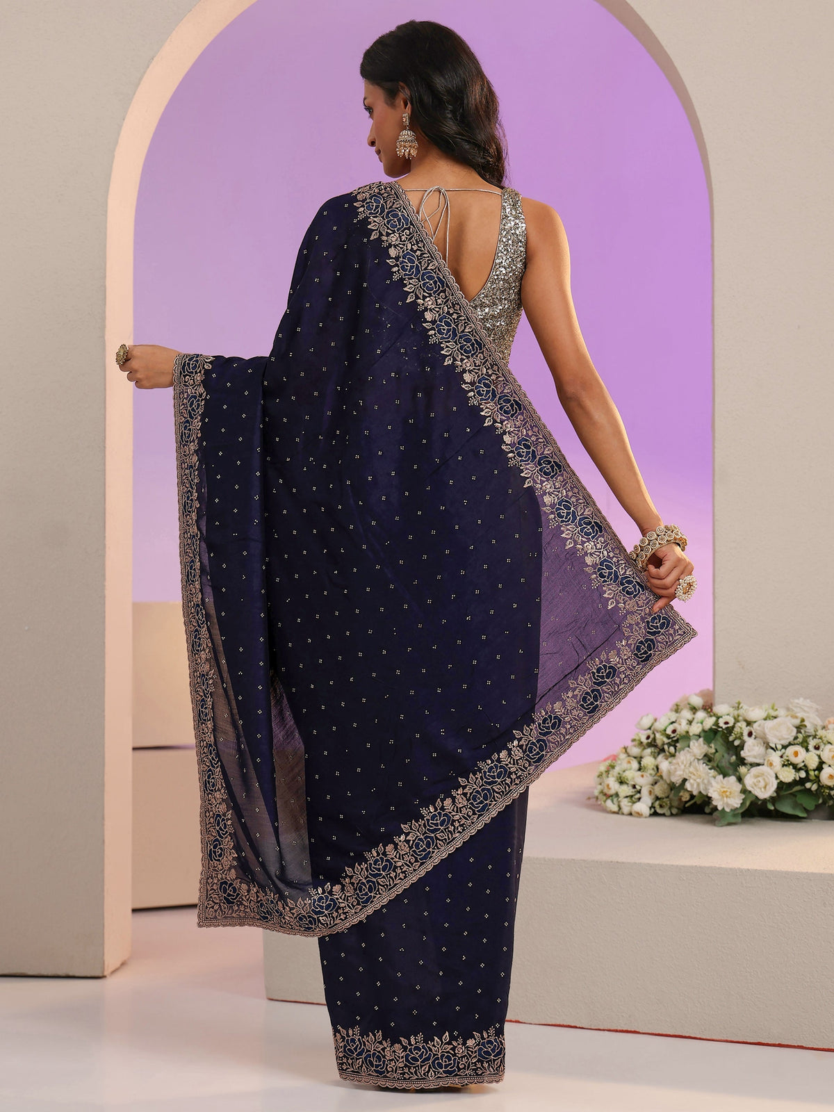 Anouk Navy Blue Stone Work Embelllished Silk Blend Saree