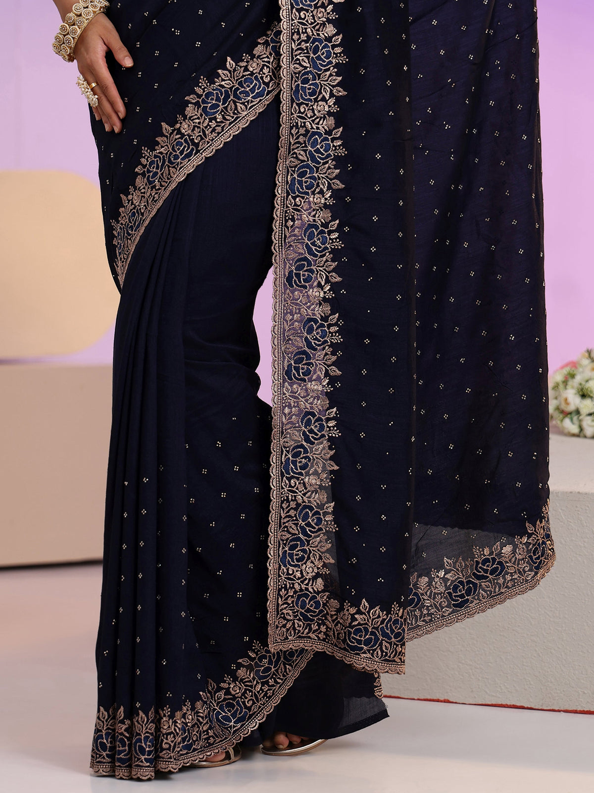 Anouk Navy Blue Stone Work Embelllished Silk Blend Saree