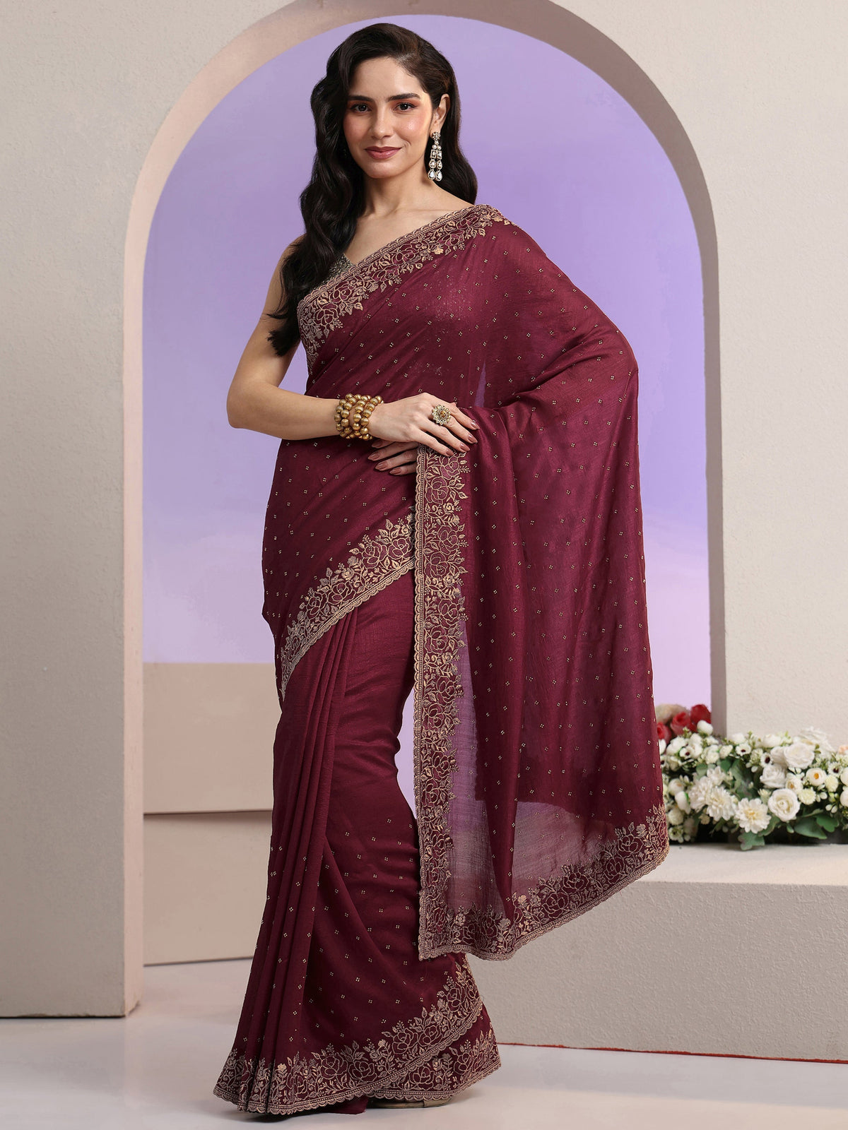 Anouk Maroon Stone Work Embelllished Silk Blend Saree