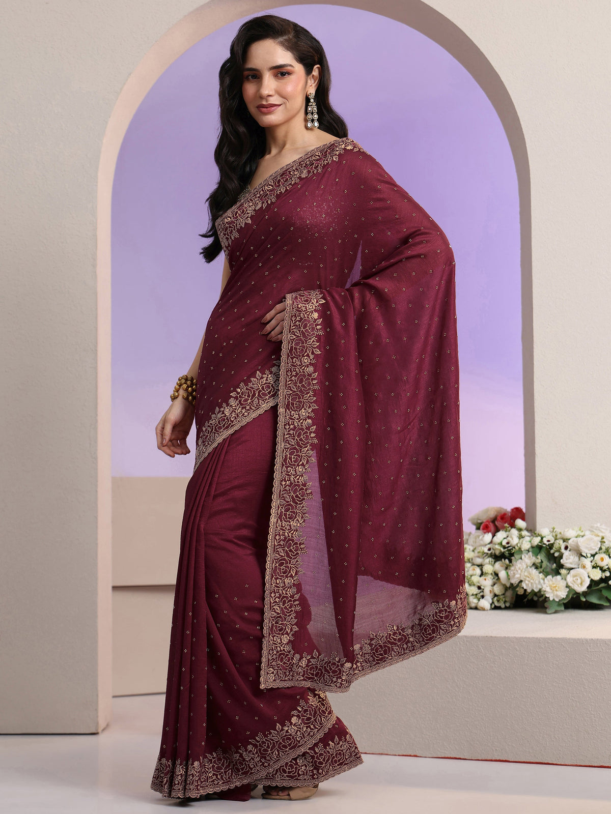 Anouk Maroon Stone Work Embelllished Silk Blend Saree