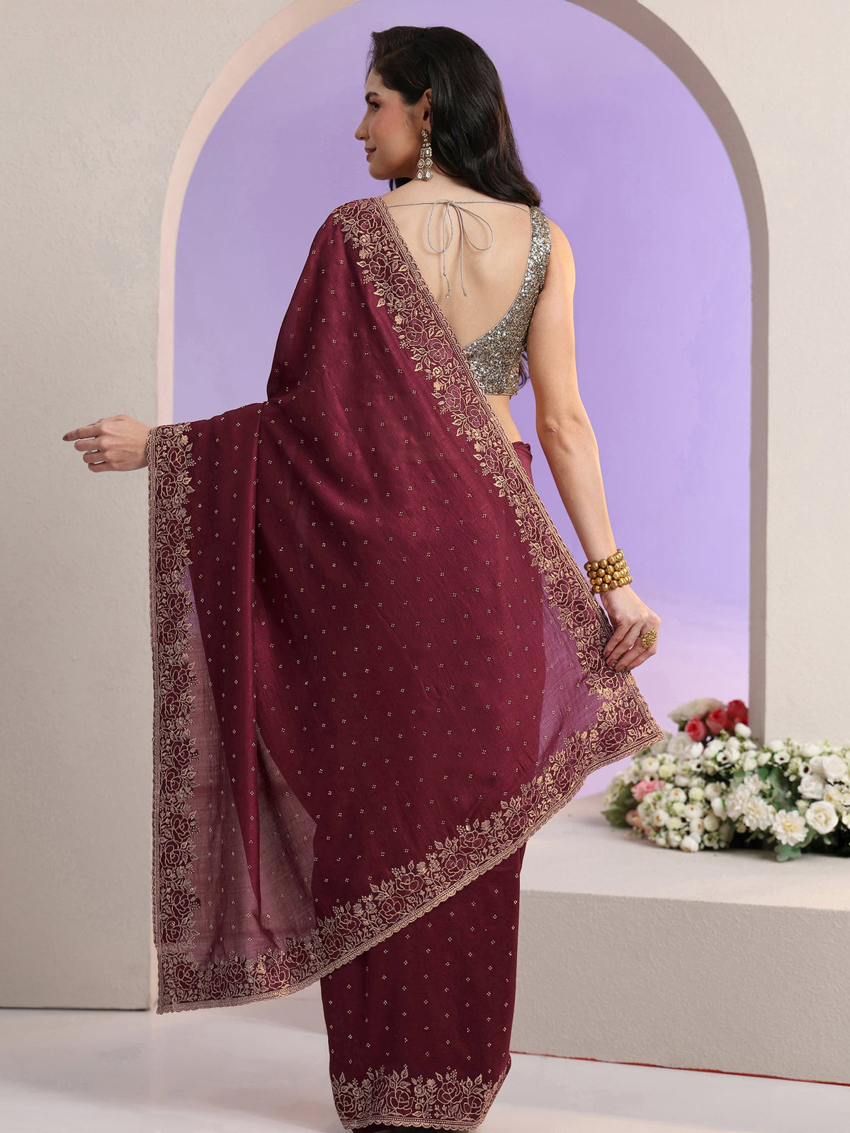 Anouk Maroon Stone Work Embelllished Silk Blend Saree