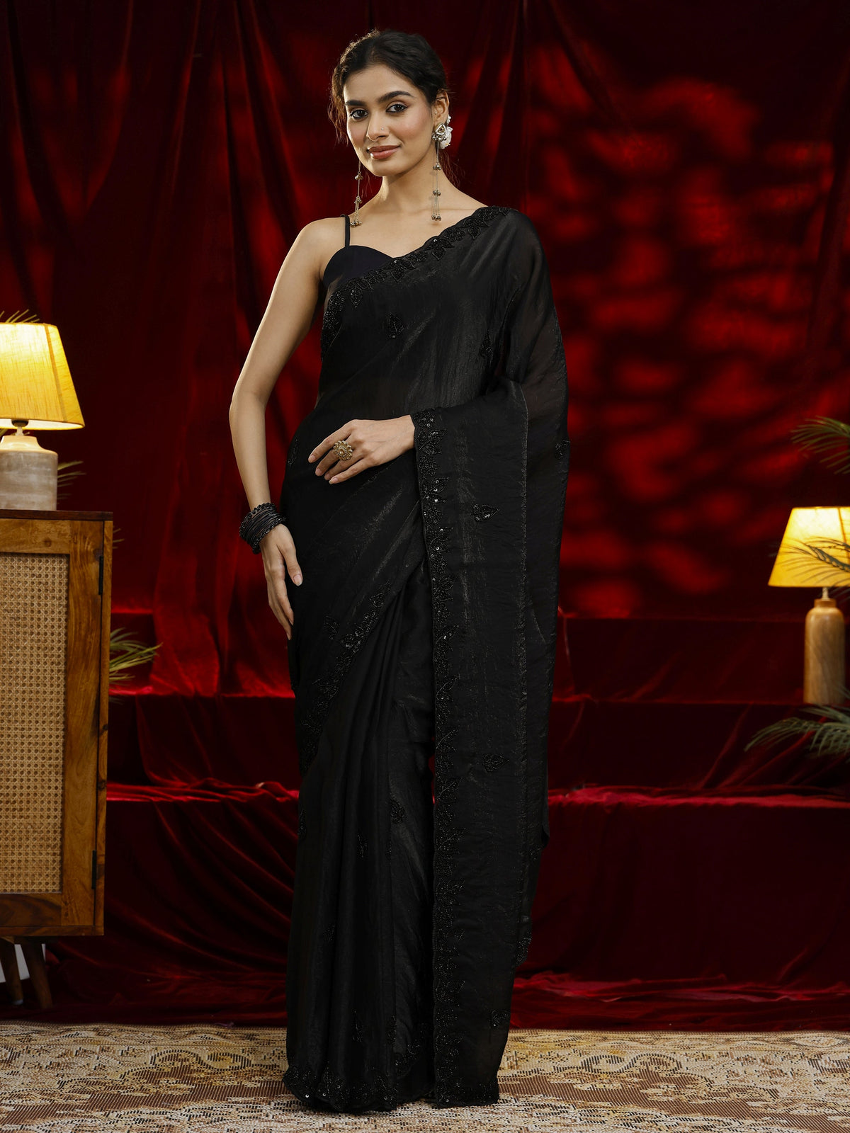 Anouk Black Embellished Tissue Saree
