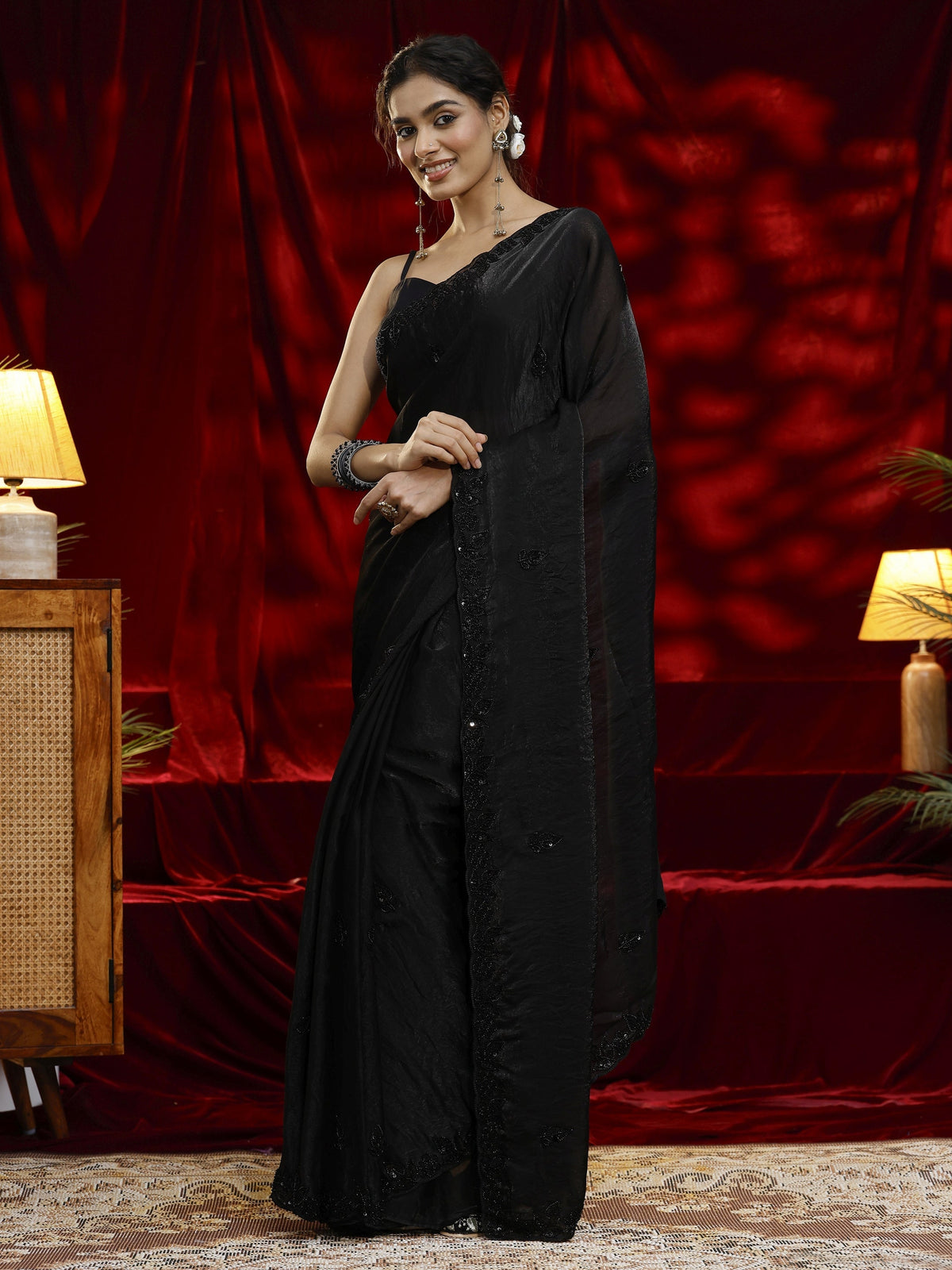 Anouk Black Embellished Tissue Saree