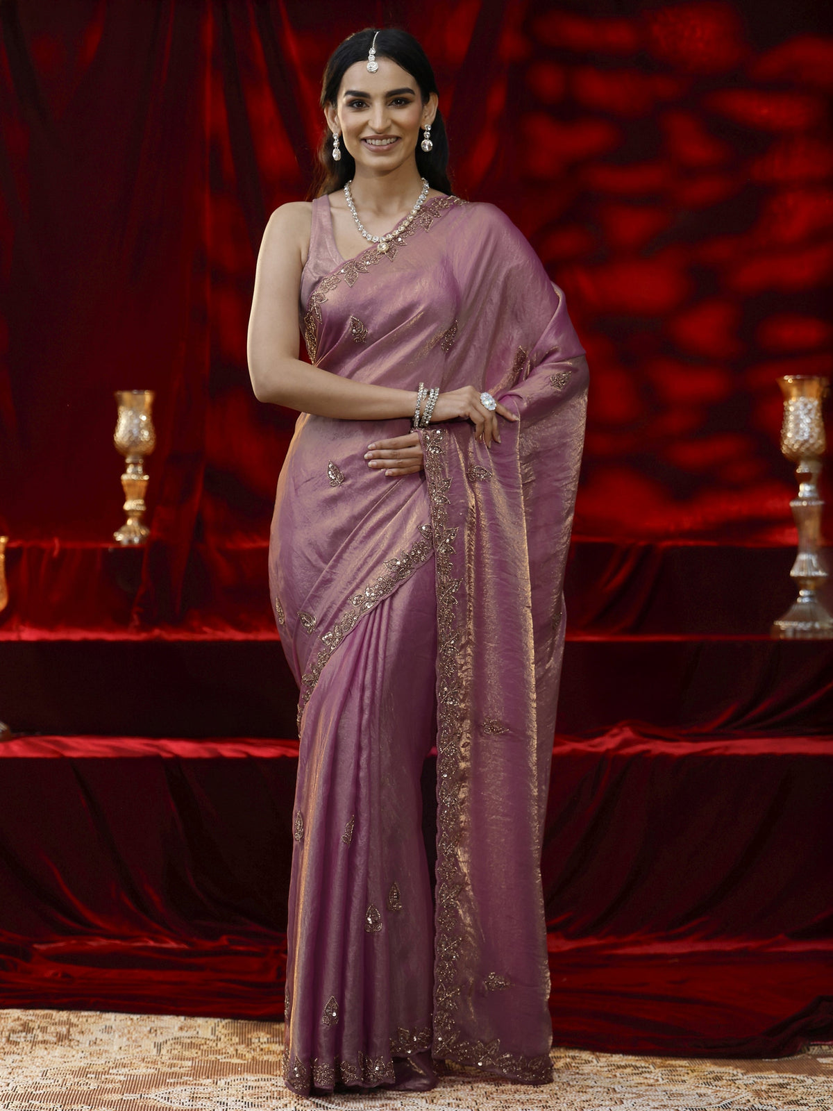 Anouk Pink Embellished Tissue Saree